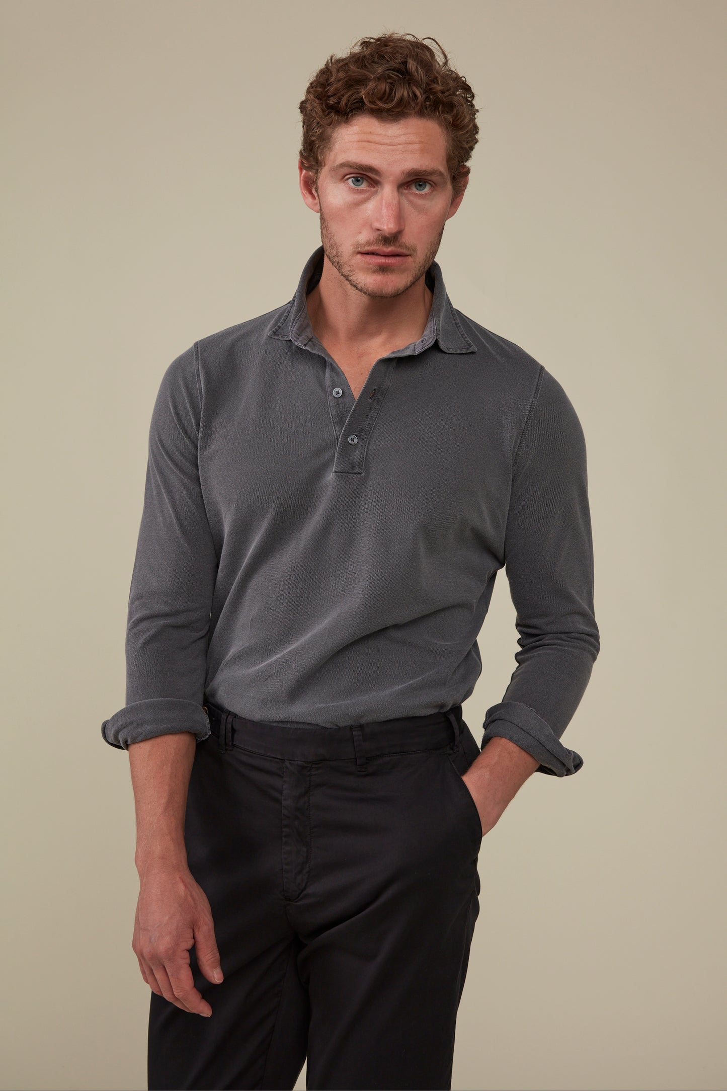Hastings Long Sleeved Polo - Garment-Dyed Charcoal