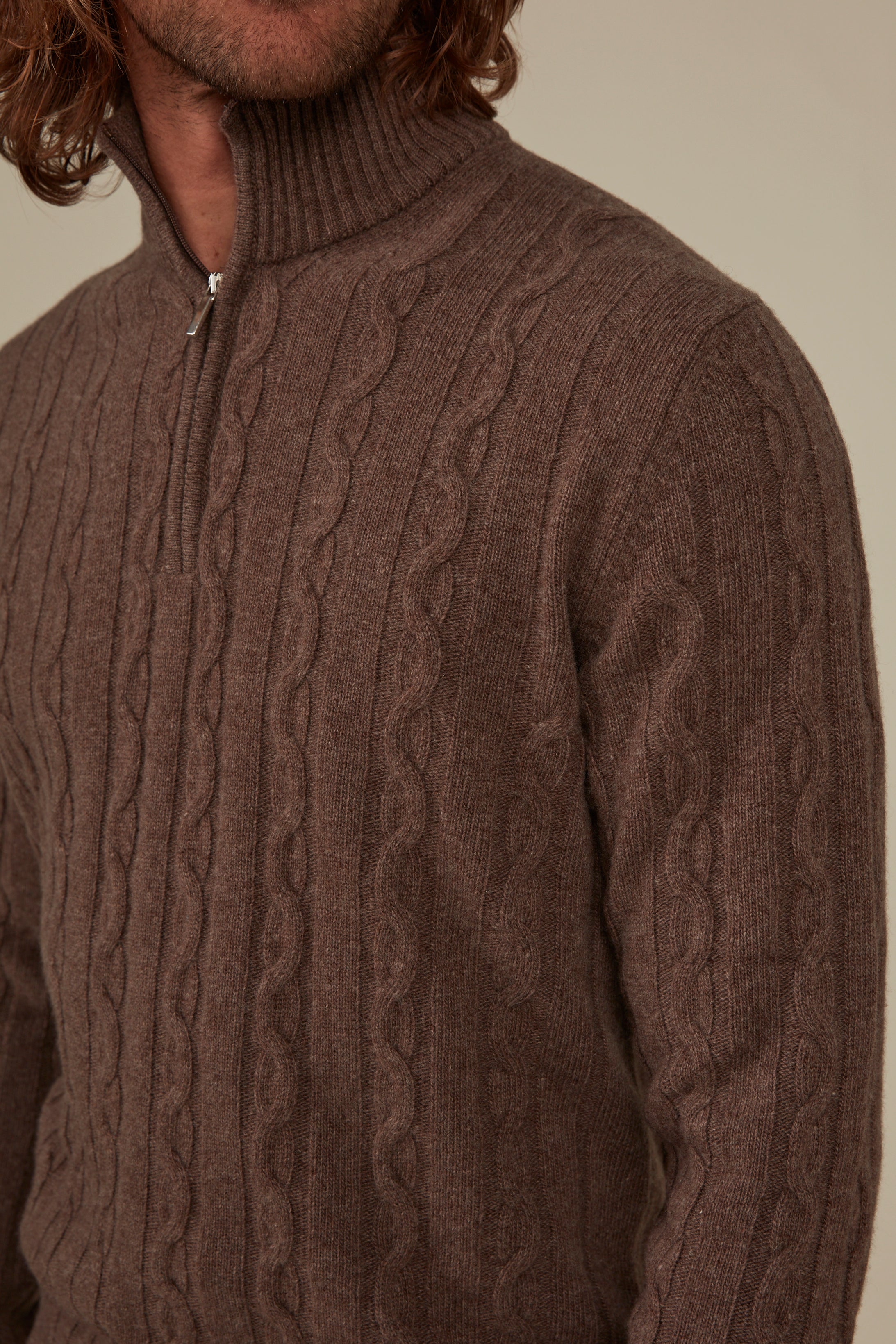 Heathcote Wool/Cashmere Zip Cable Knit - Coffee
