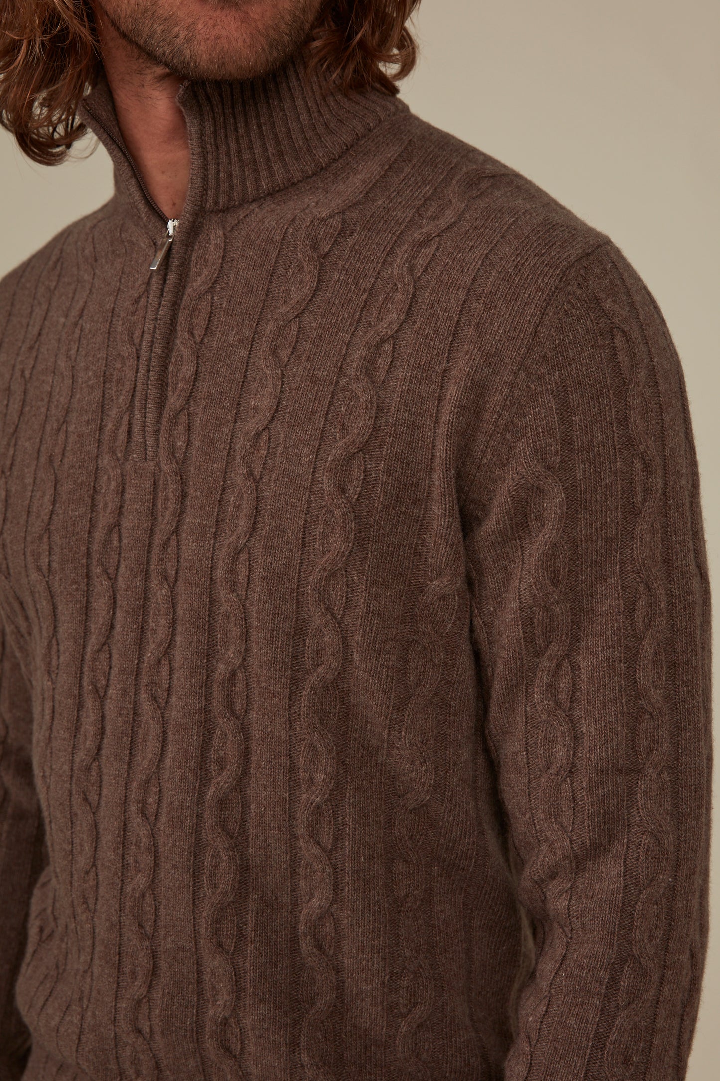 Heathcote Wool/Cashmere Zip Cable Knit - Coffee