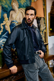 Leather Bomber -  Navy