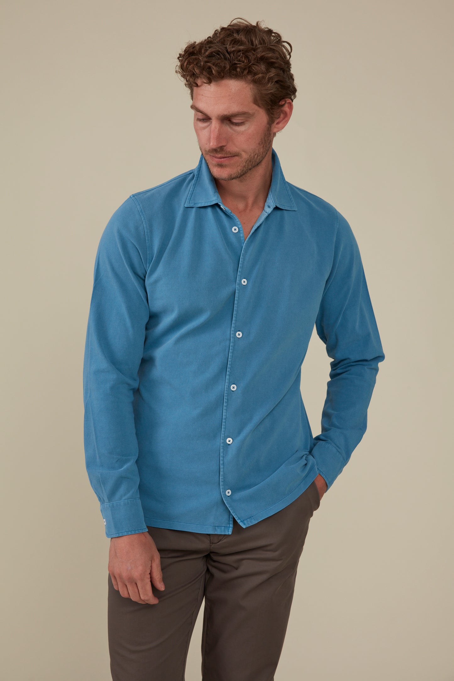Noosa Long Sleeved Pique Cotton Shirt- Sky
