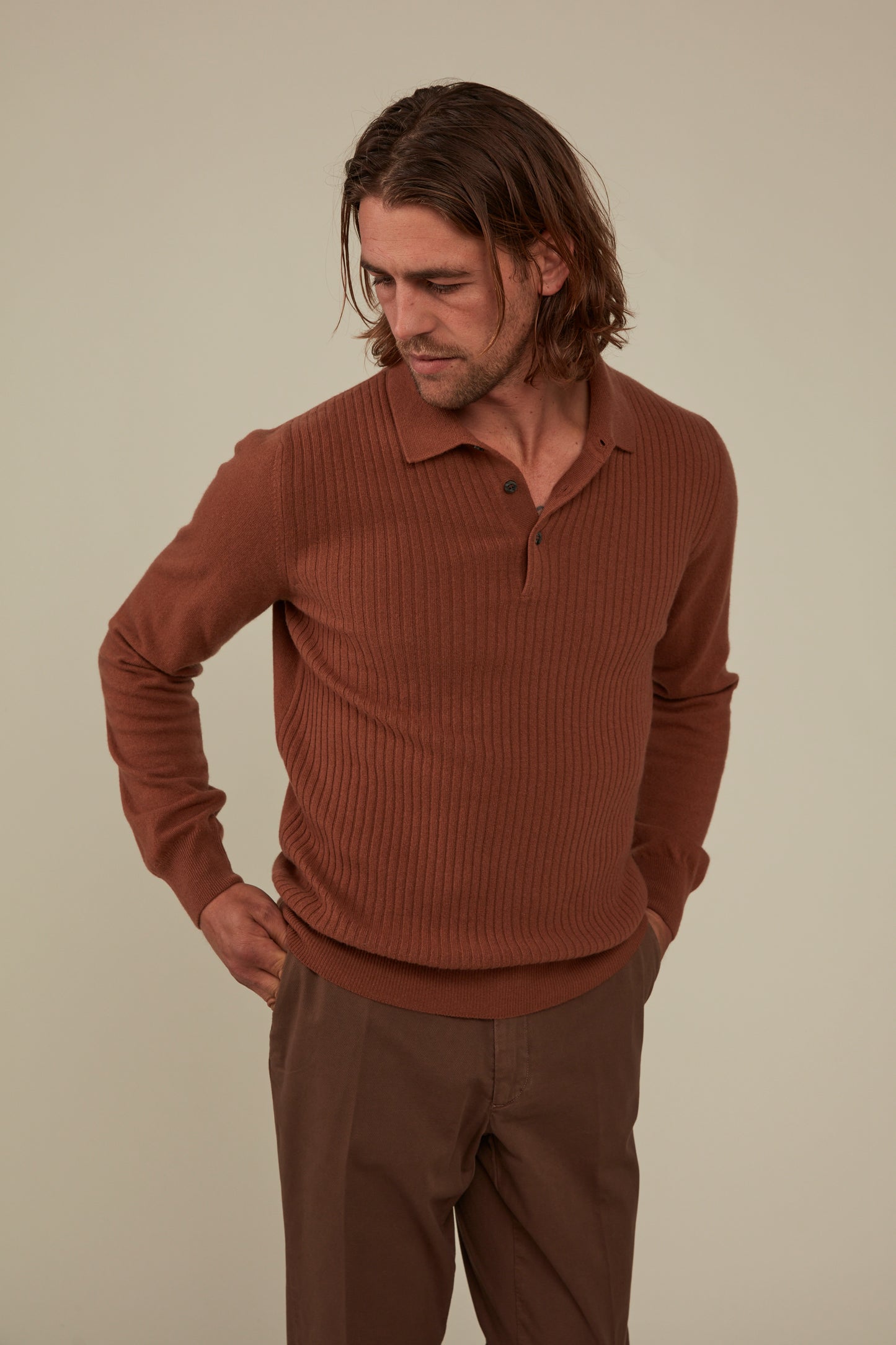 Hampden Cashmere/Wool Long Sleeved Polo - Ochre