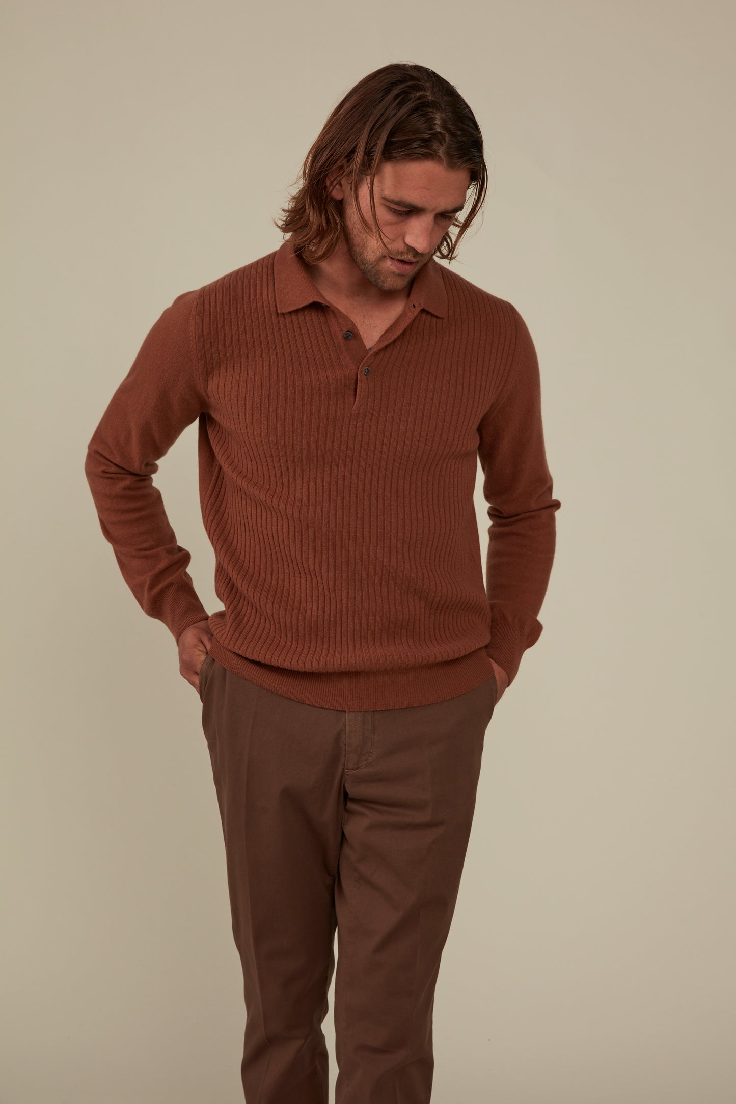 Hampden Cashmere/Wool Long Sleeved Polo - Ochre