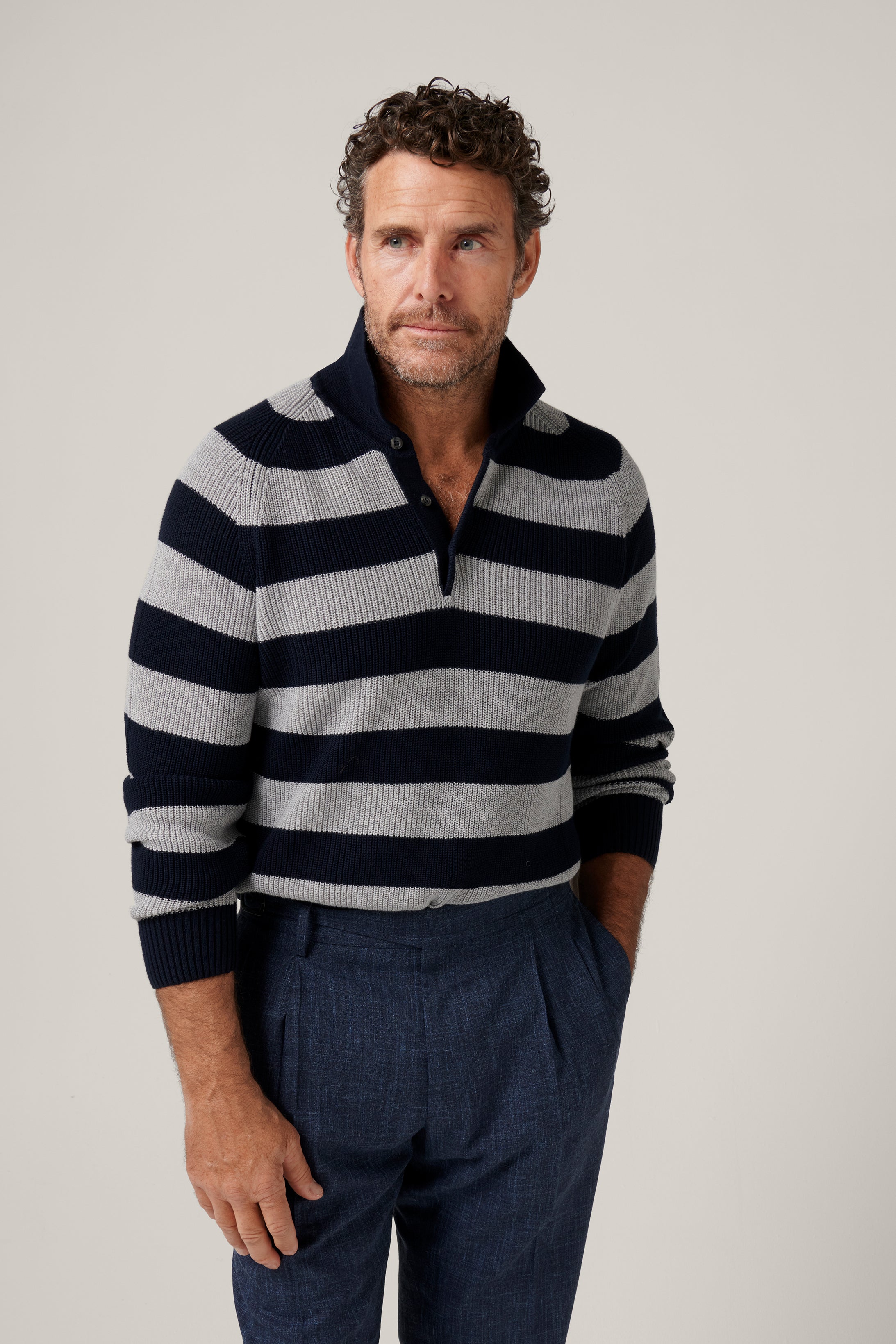 Raglan Polo Stripes - Navy and Grey