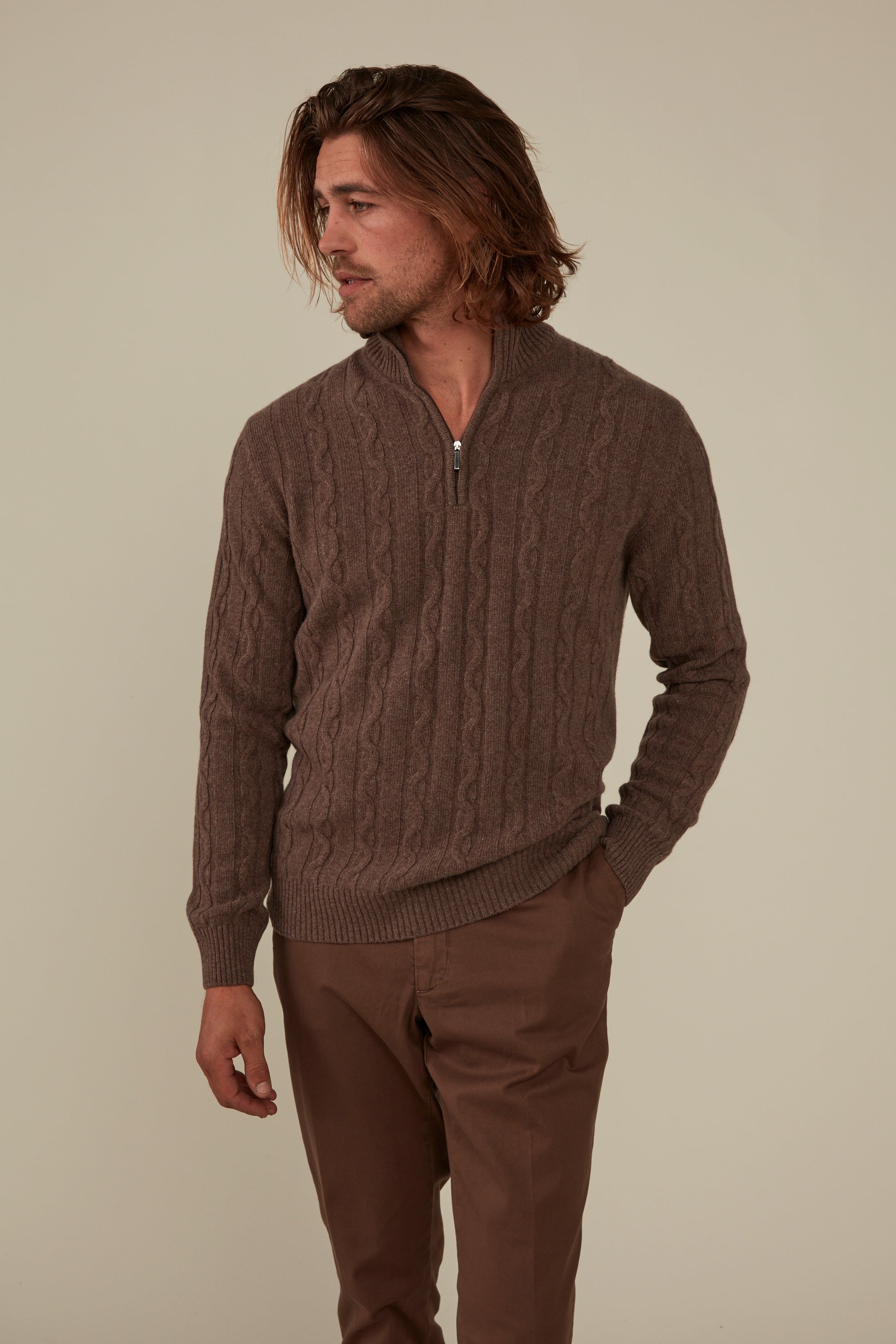 Heathcote Wool/Cashmere Zip Cable Knit - Coffee