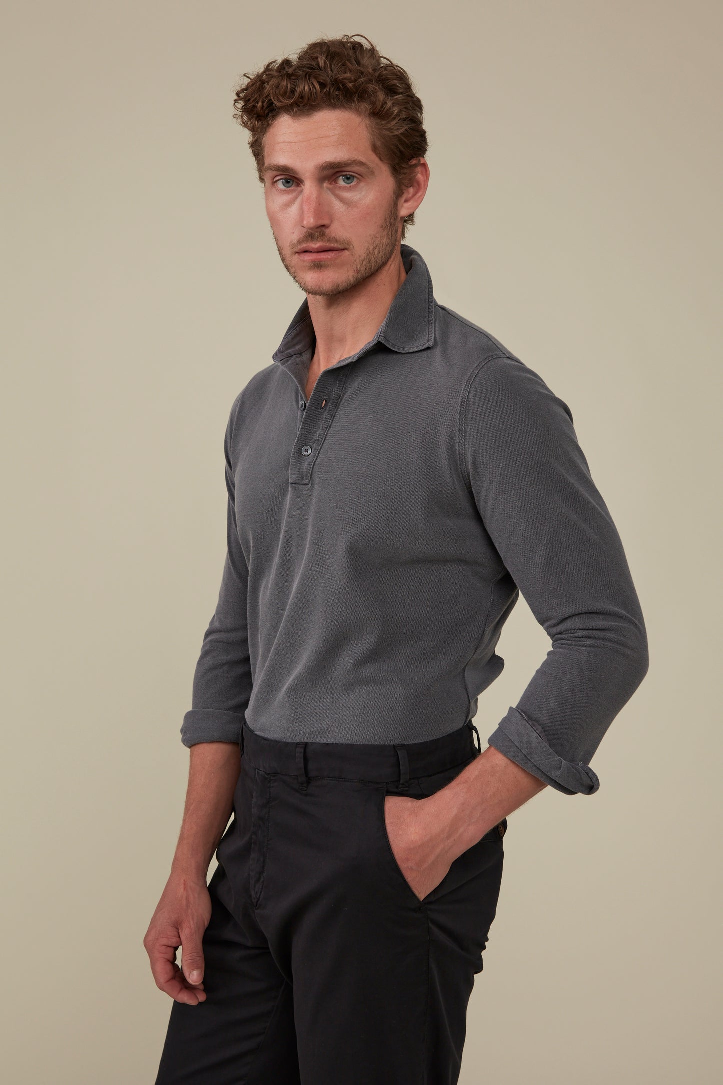 Hastings Long Sleeved Polo - Garment-Dyed Charcoal