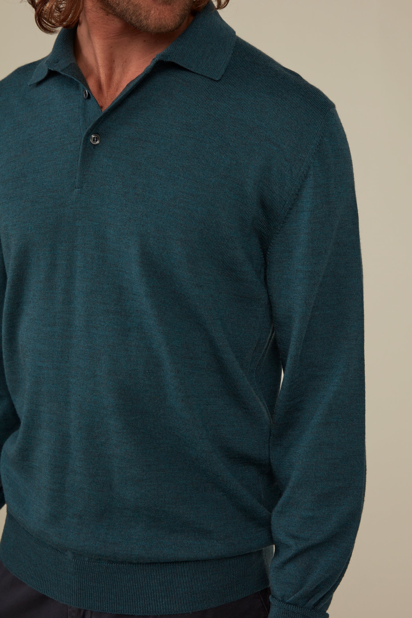 Daylesford Merino Long Sleeved Polo - Petrol