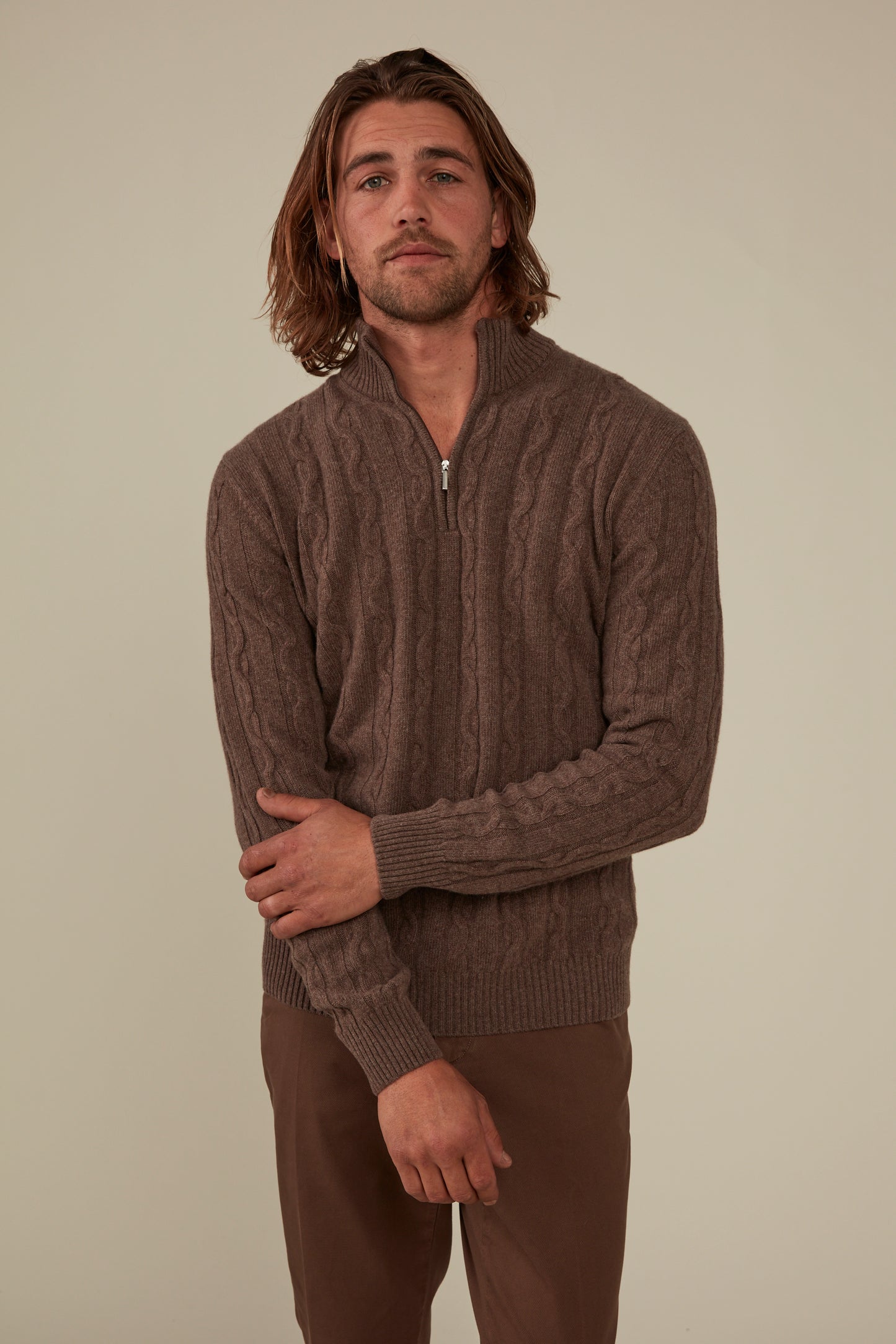 Heathcote Wool/Cashmere Zip Cable Knit - Coffee