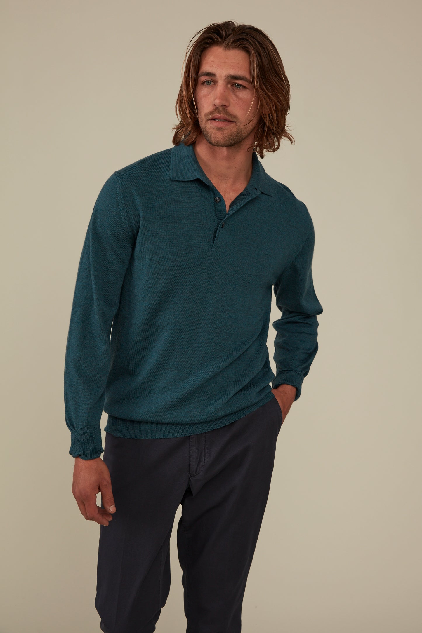 Daylesford Merino Long Sleeved Polo - Petrol