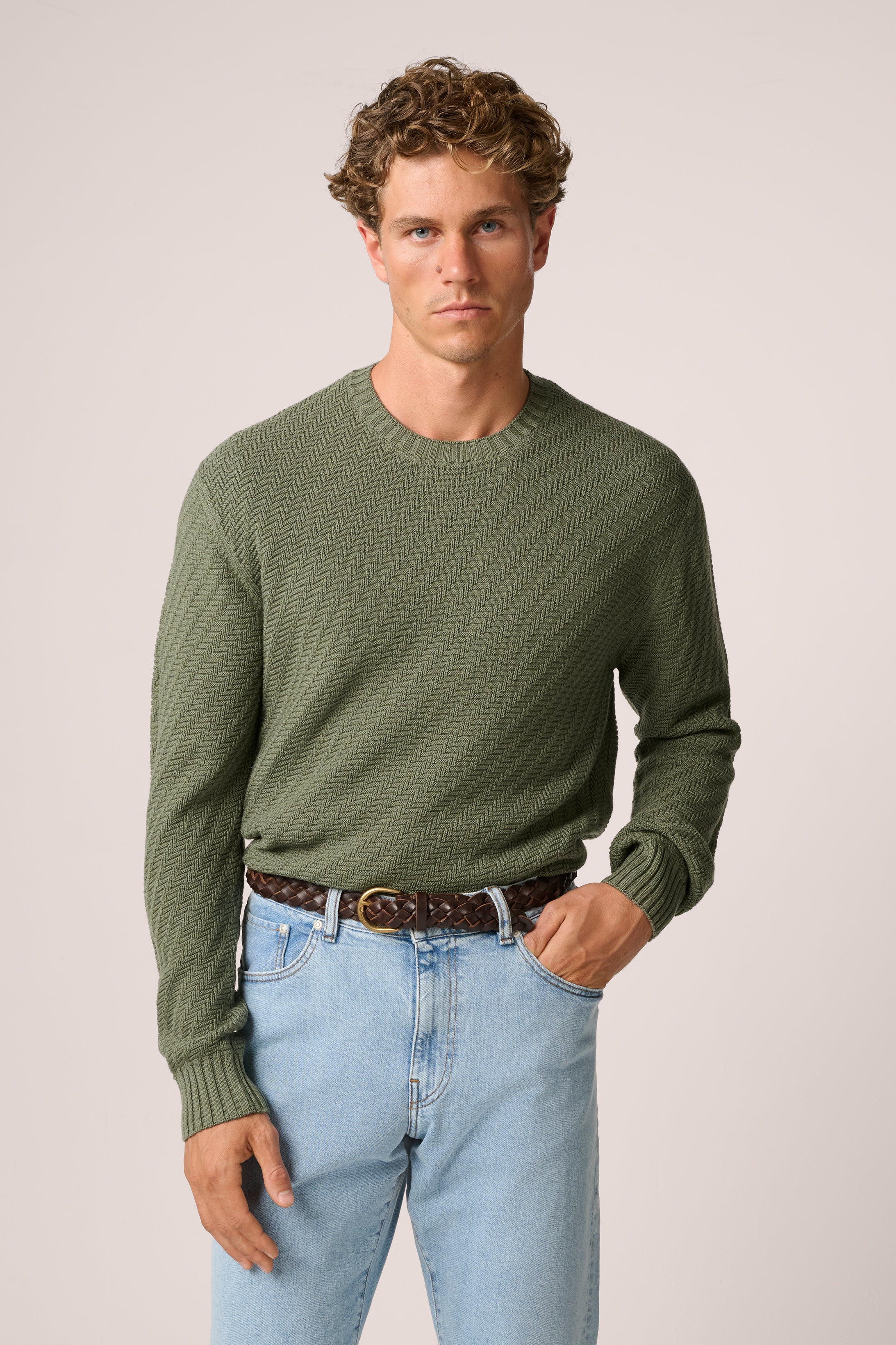 Basketweave Crew Neck Sweater - Wool - Olive Green