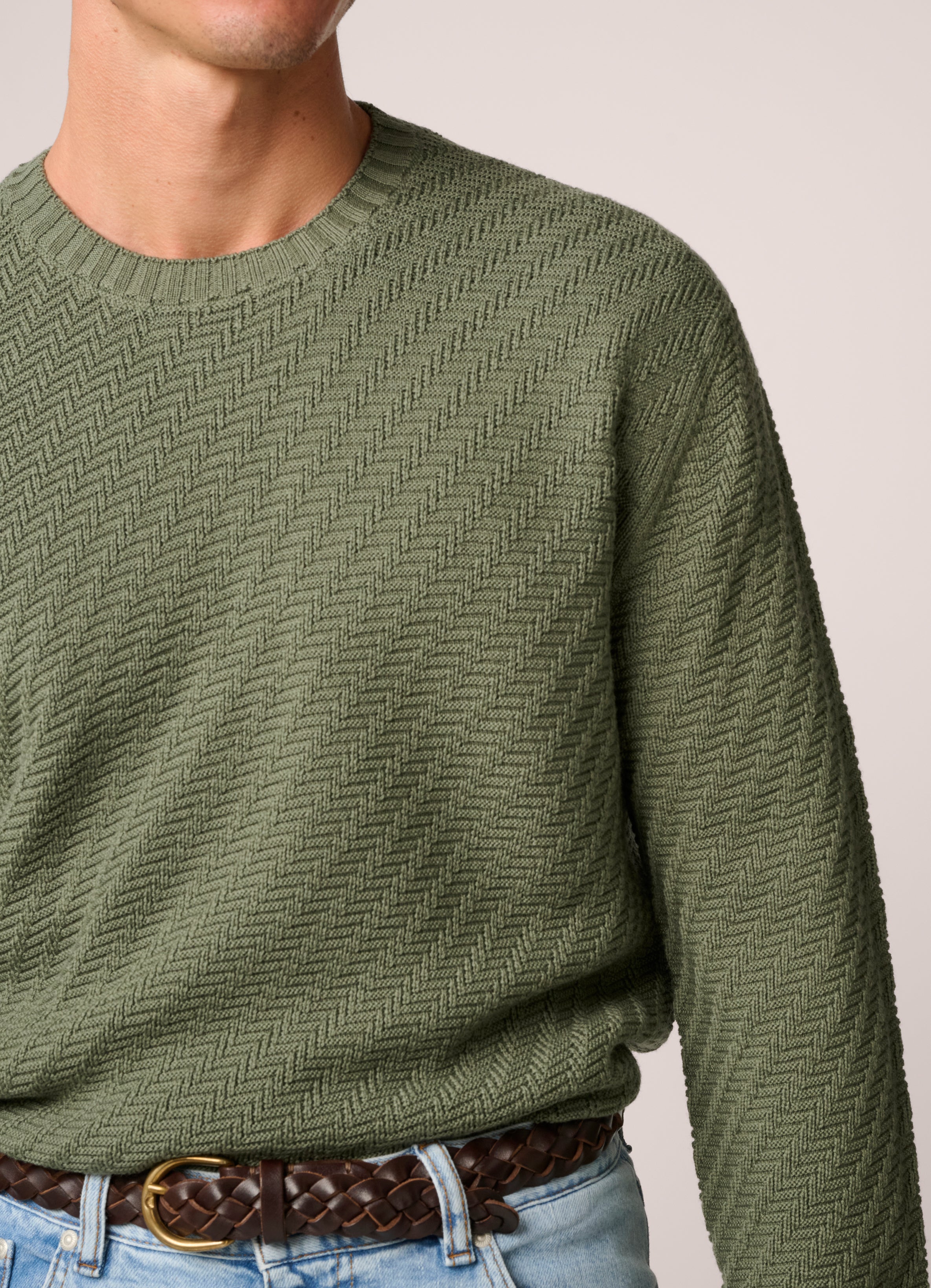 Basketweave Crew Neck Sweater - Wool - Olive Green