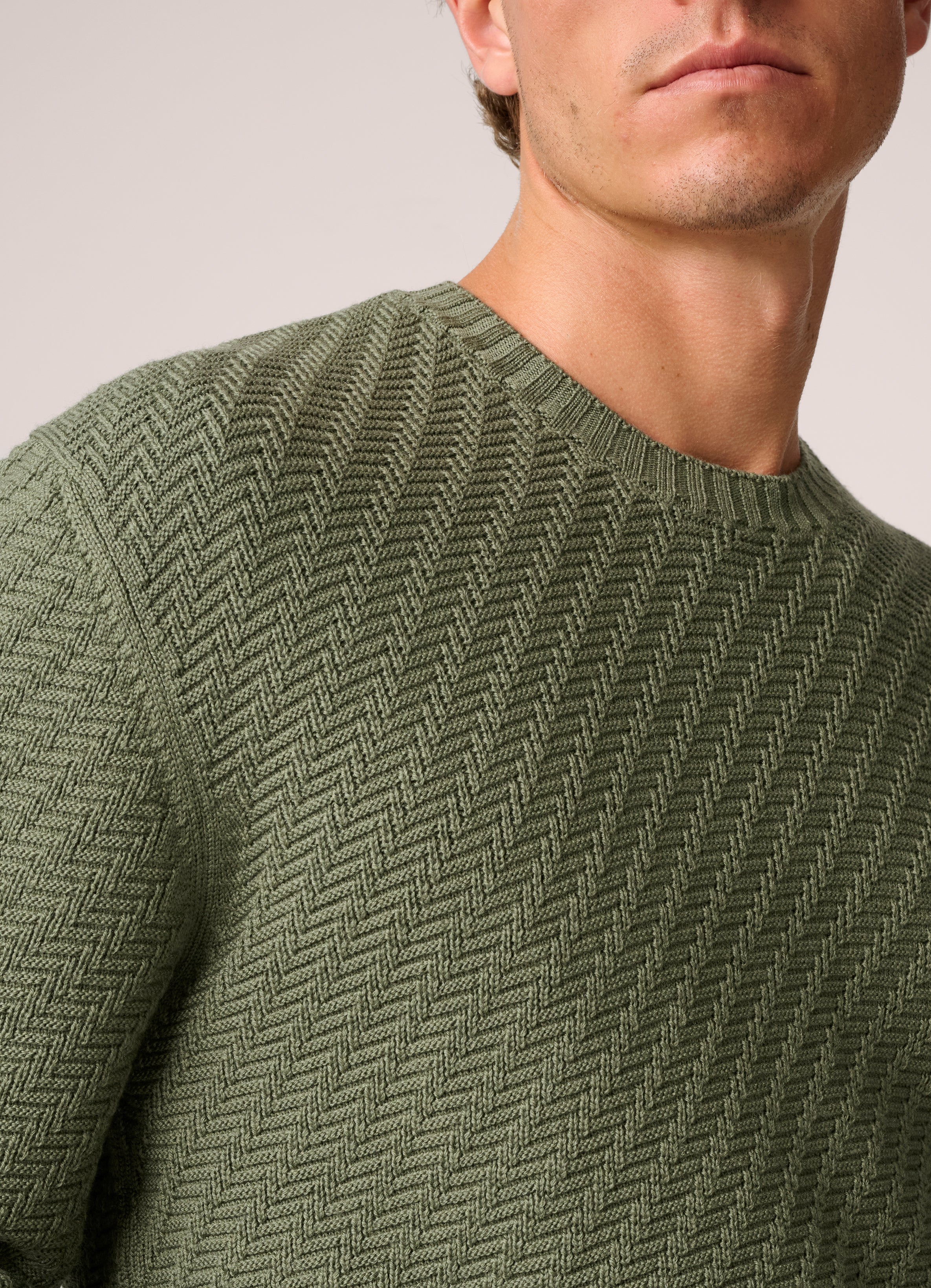 Basketweave Crew Neck Sweater - Wool - Olive Green