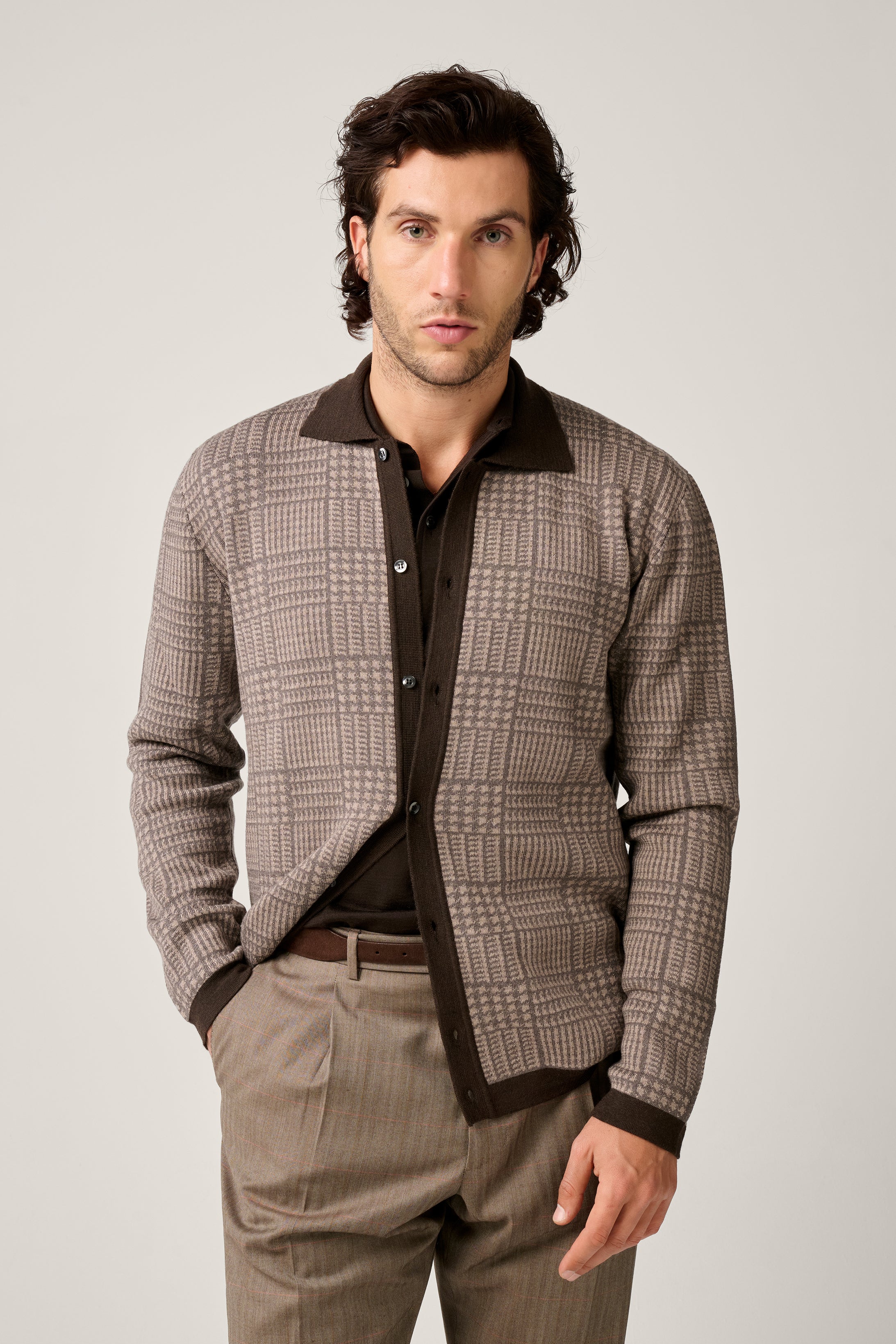 Prince of Wales Polo Cardigan - Chocolate