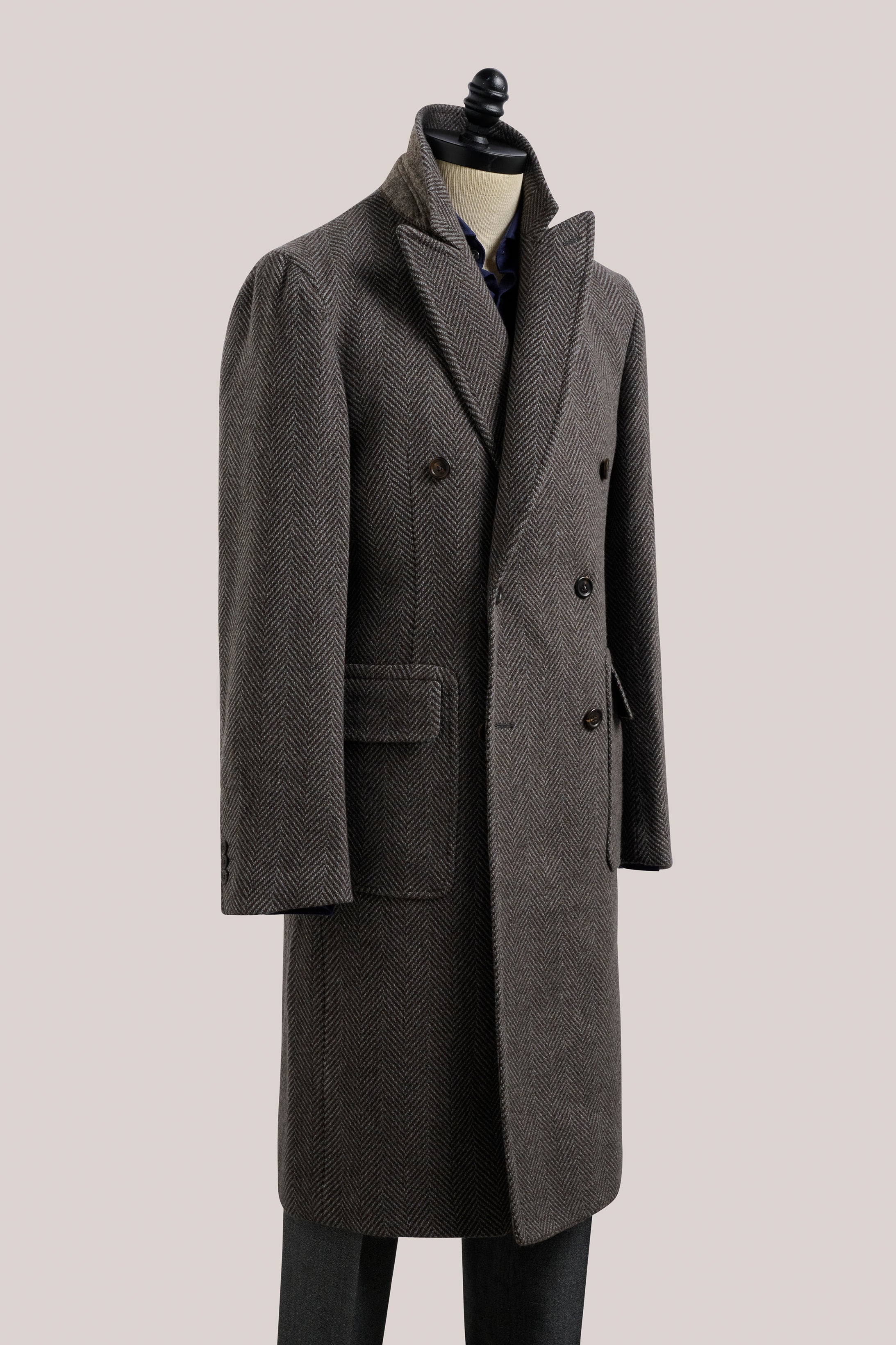 Kyneton Double-Breasted Italian Overcoat - Cashmere - Brown & Grey Herringbone