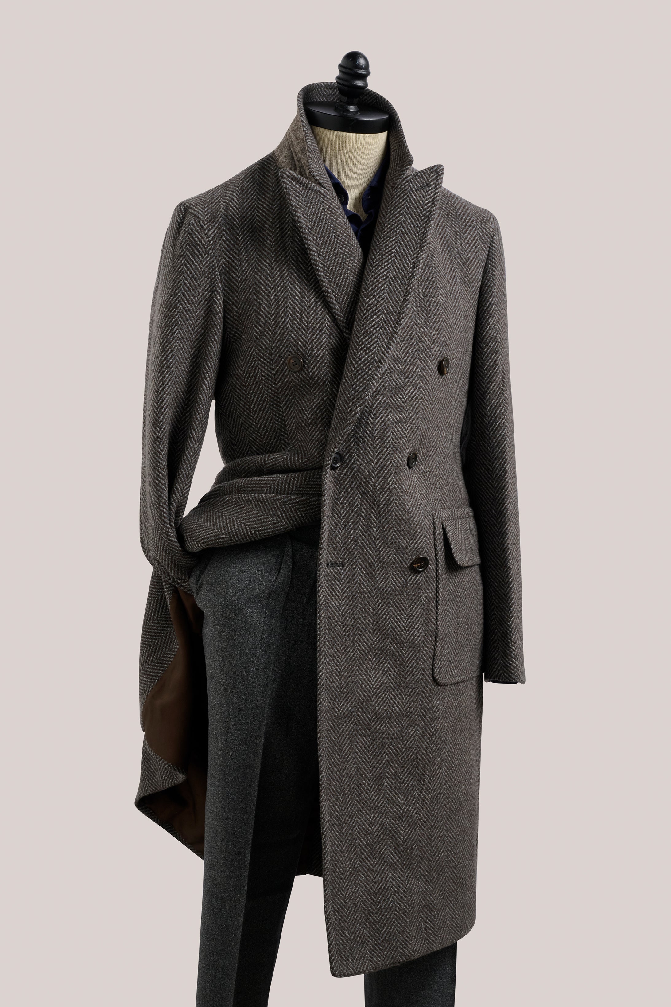 Kyneton Double-Breasted Italian Overcoat - Cashmere - Brown & Grey Herringbone
