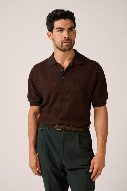 Man wearing a brown polo shirt and dark pants against a plain background