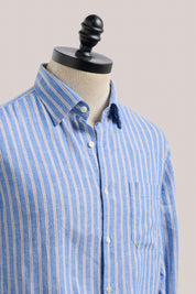 Cotton and Linen Holiday Shirt in Cornflower Blue with White and Chocolate Stripe