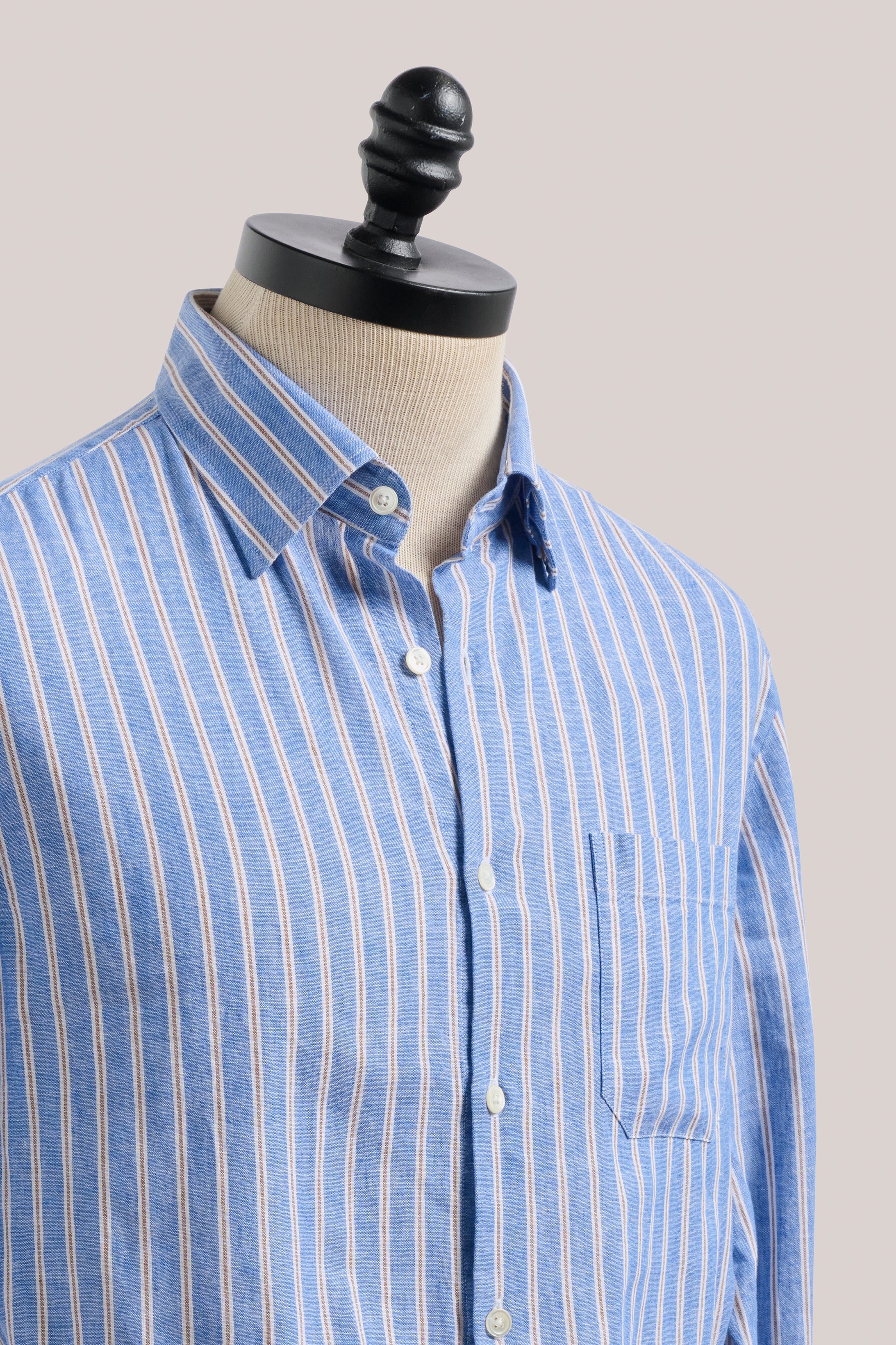 Cotton and Linen Holiday Shirt in Cornflower Blue with White and Chocolate Stripe