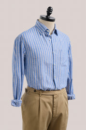 Cotton and Linen Holiday Shirt in Cornflower Blue with White and Chocolate Stripe