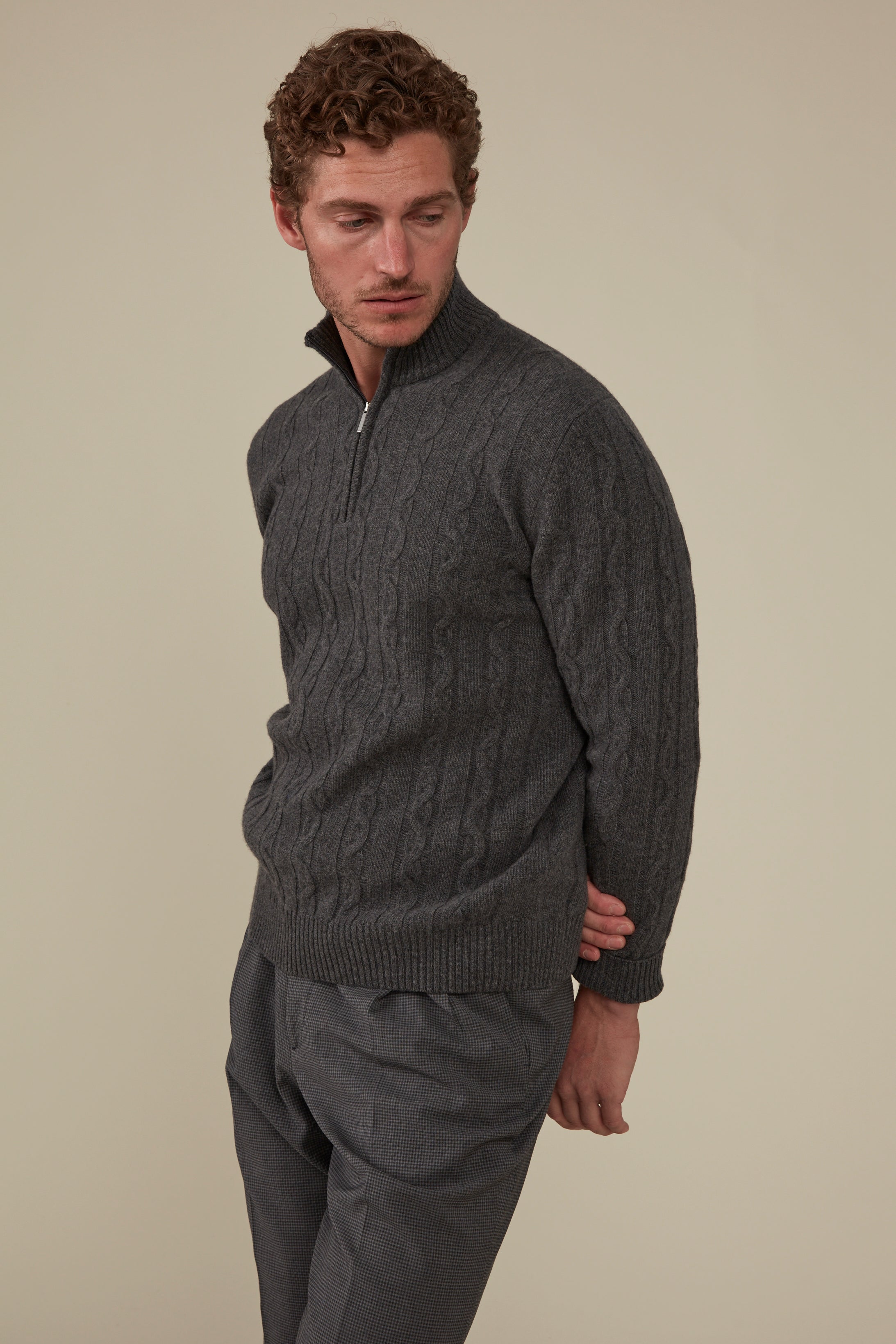 Heathcote Wool/Cashmere Zip Cable Knit - Charcoal