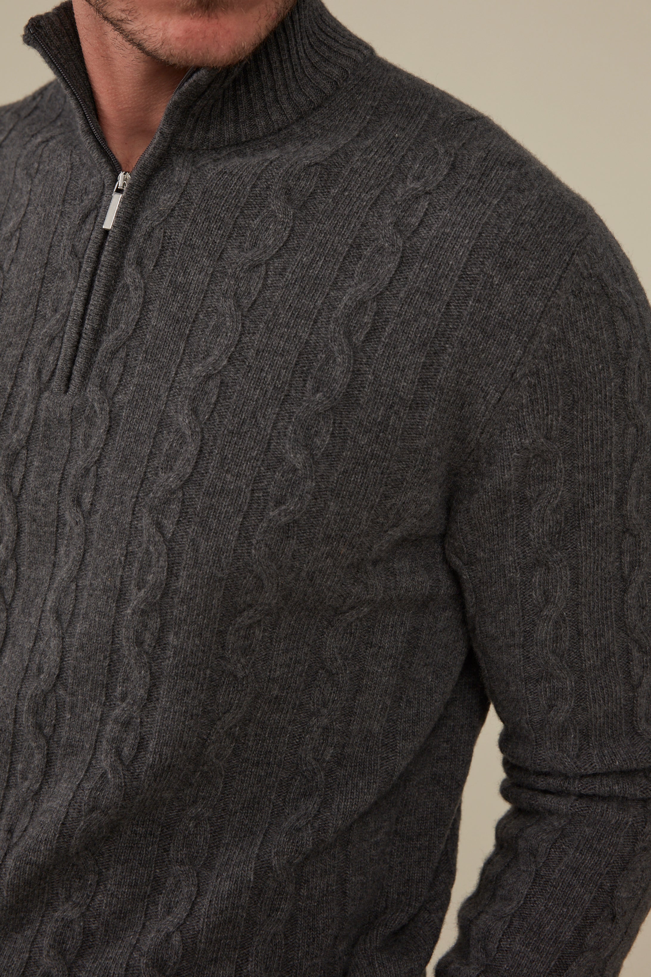 Heathcote Wool/Cashmere Zip Cable Knit - Charcoal