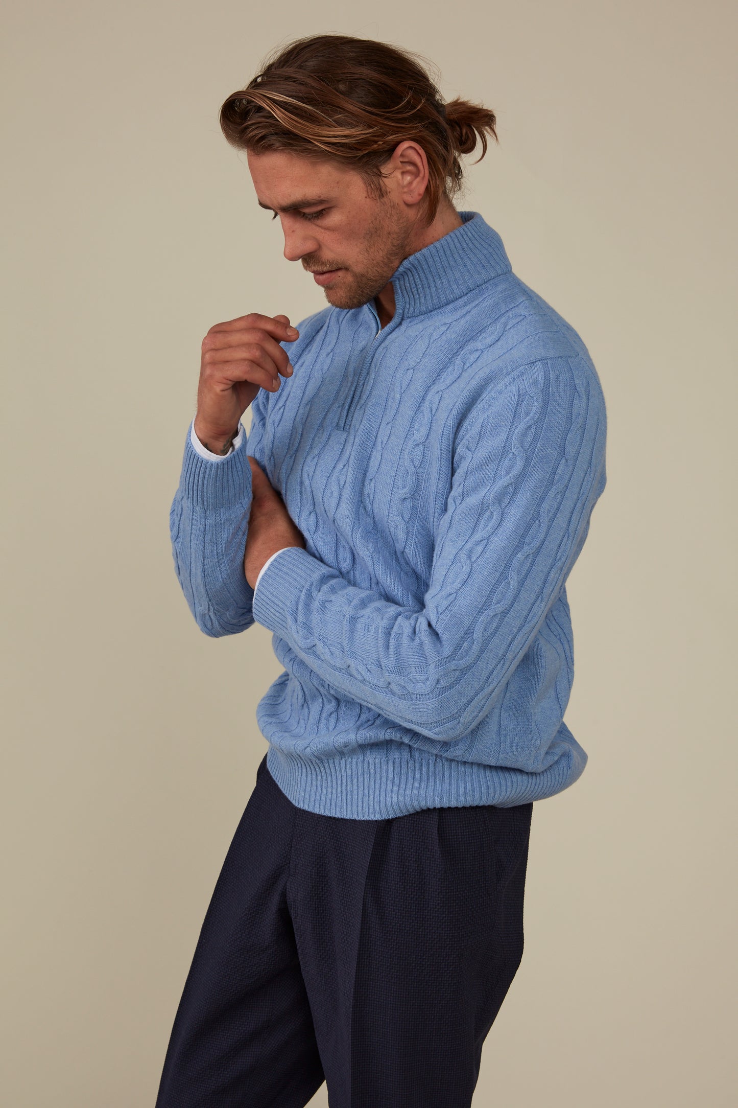 Heathcote Wool/Cashmere Zip Cable Knit - Sky