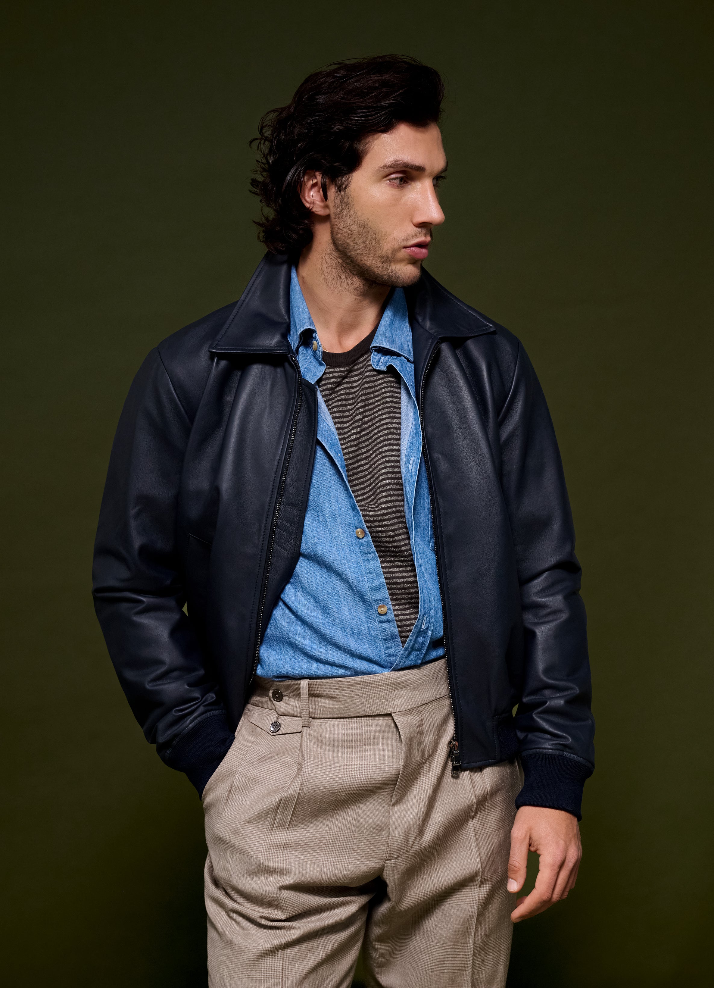 Leather Bomber -  Navy
