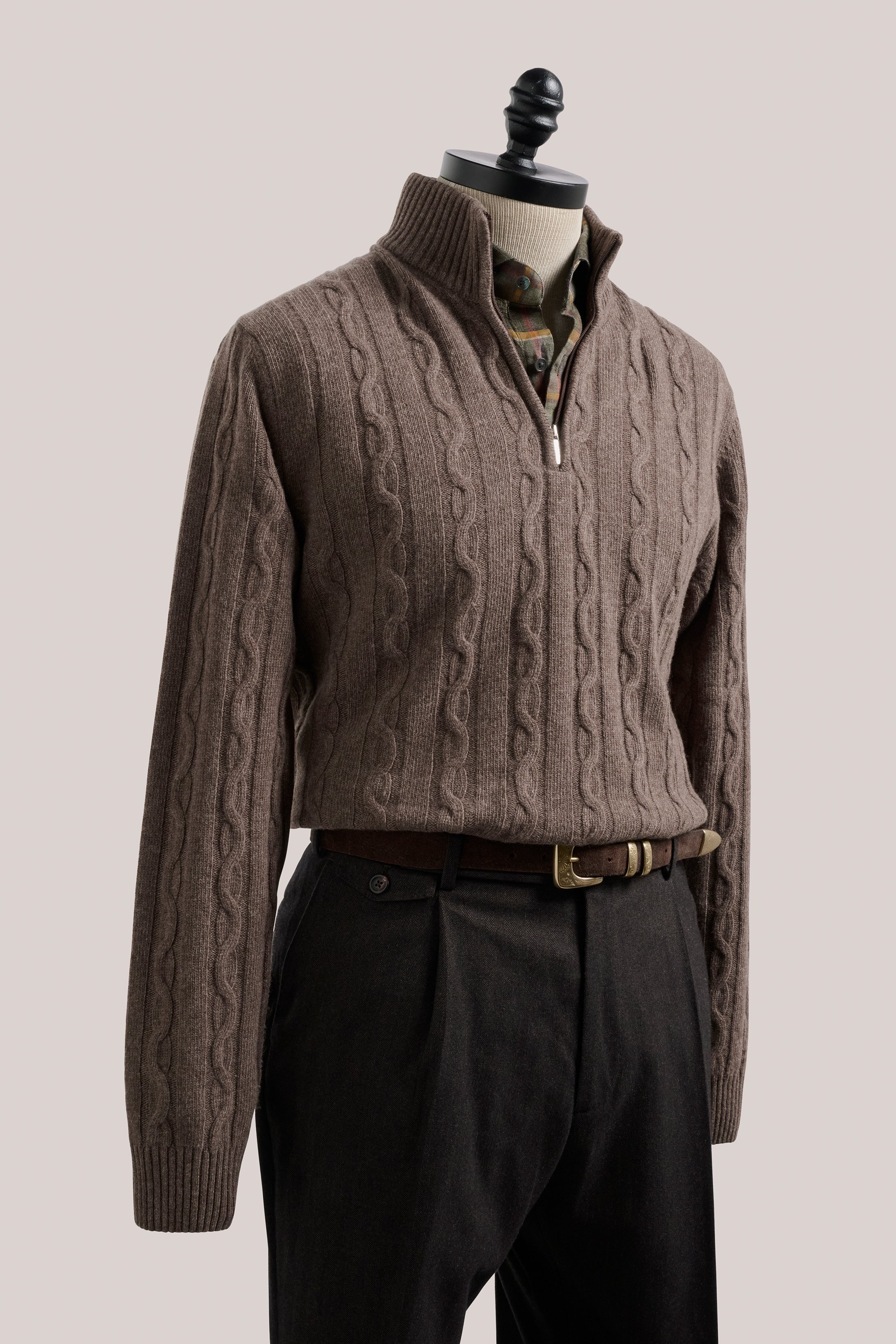 Heathcote Wool/Cashmere Zip Cable Knit - Coffee