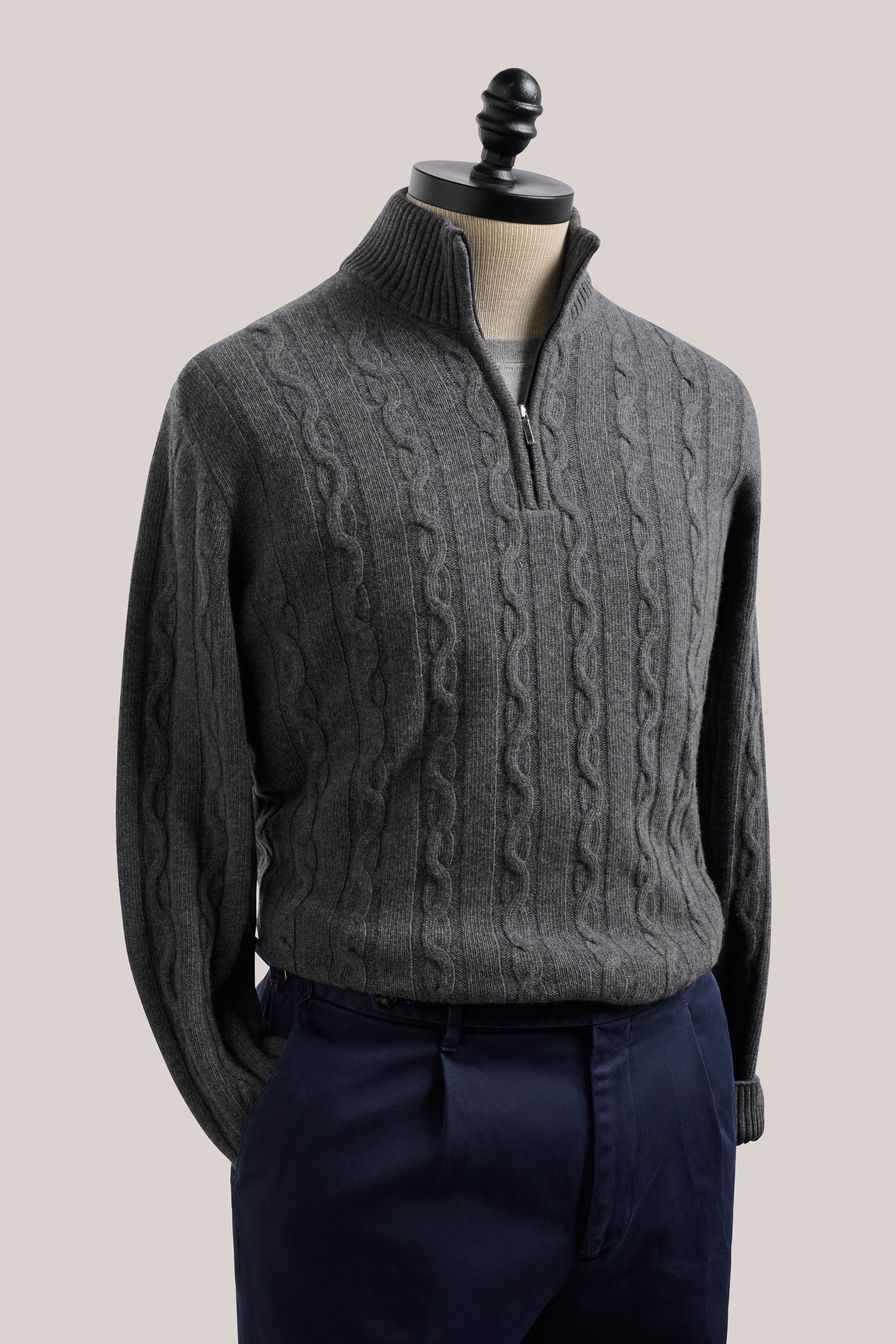 Heathcote Wool/Cashmere Zip Cable Knit - Charcoal
