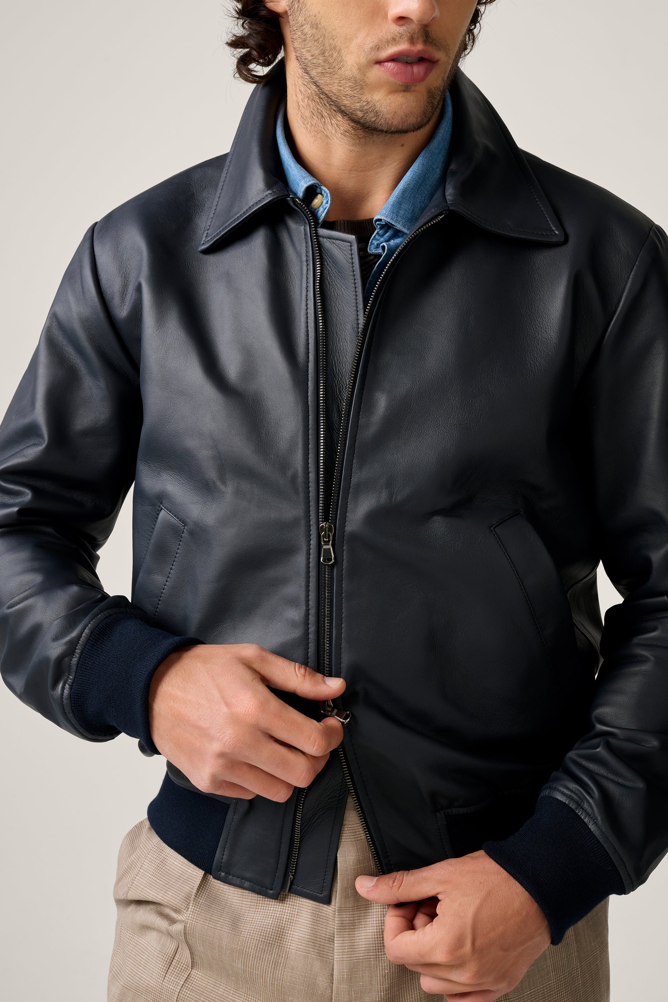 Leather Bomber -  Navy