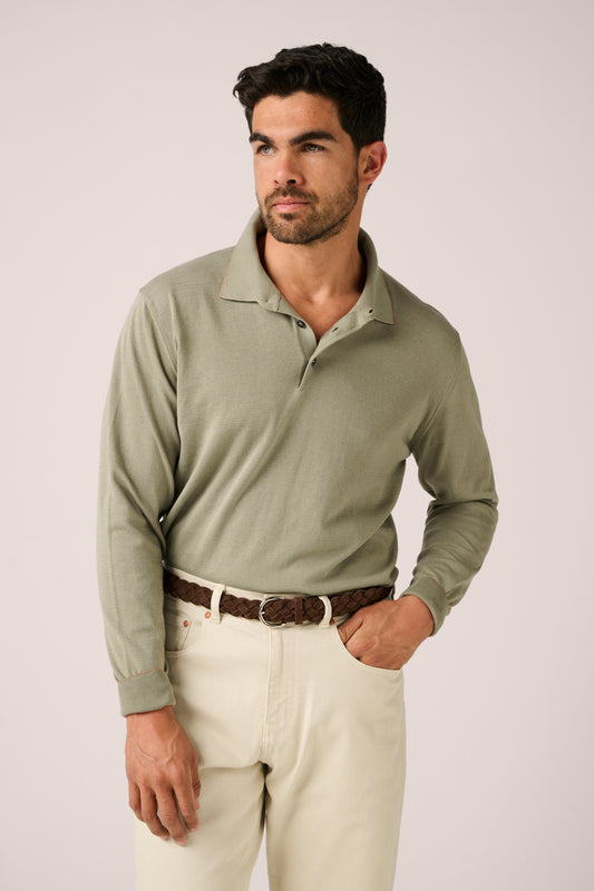 Rye Paperweight Long Sleeve Polo - Cotton - Pistachio