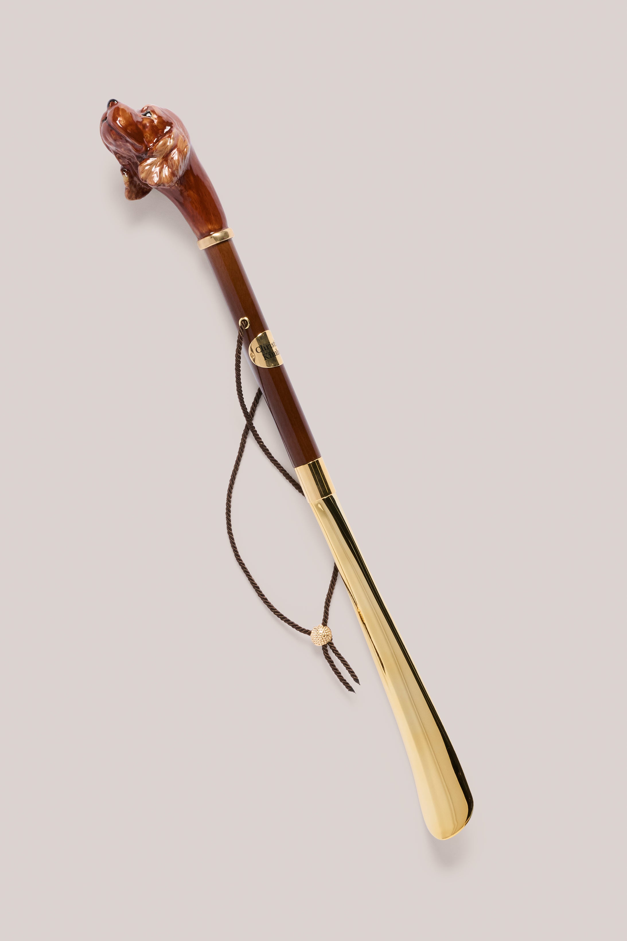 Handmade Shoehorn - Brown Wood with Gold Accents (Spaniel)