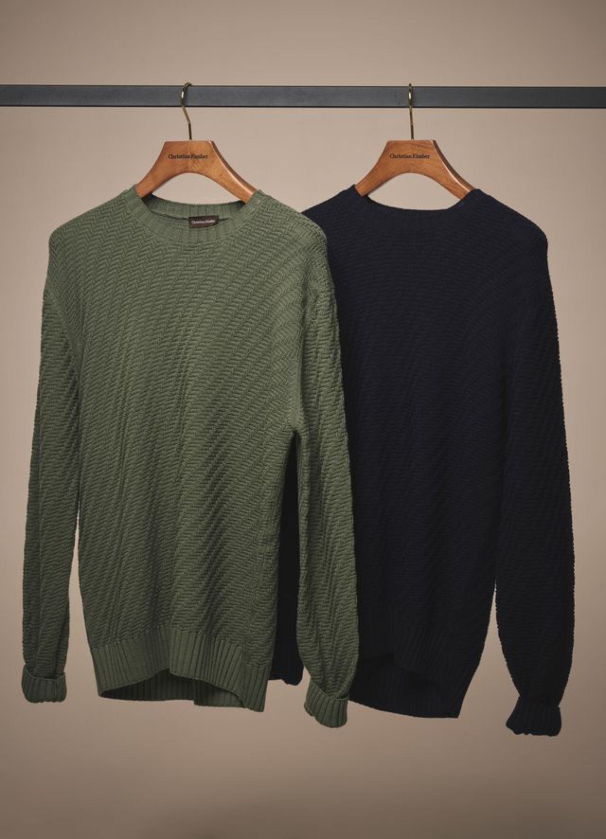 Basketweave Crew Neck Sweater - Wool - Olive Green