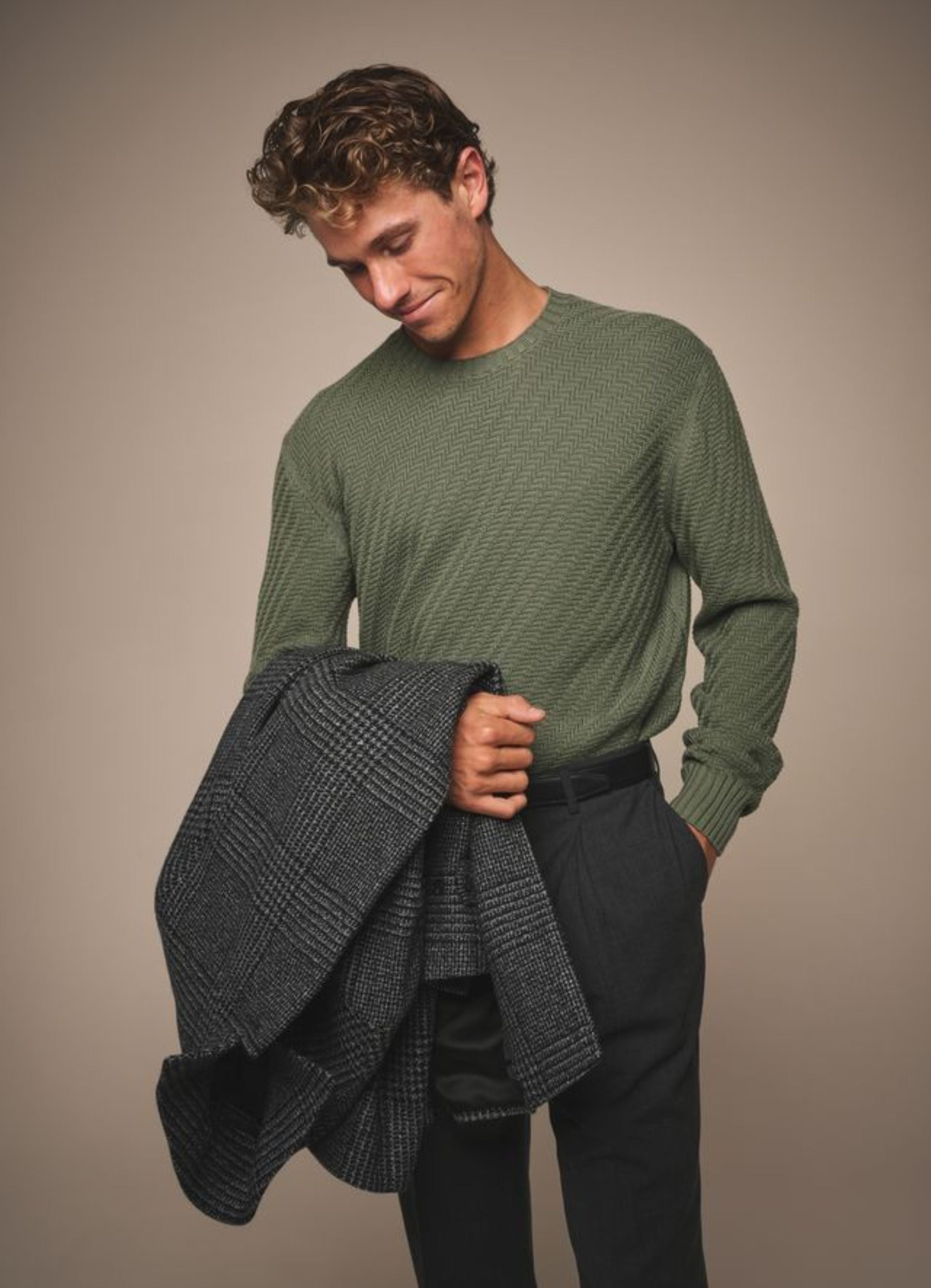 Basketweave Crew Neck Sweater - Wool - Olive Green