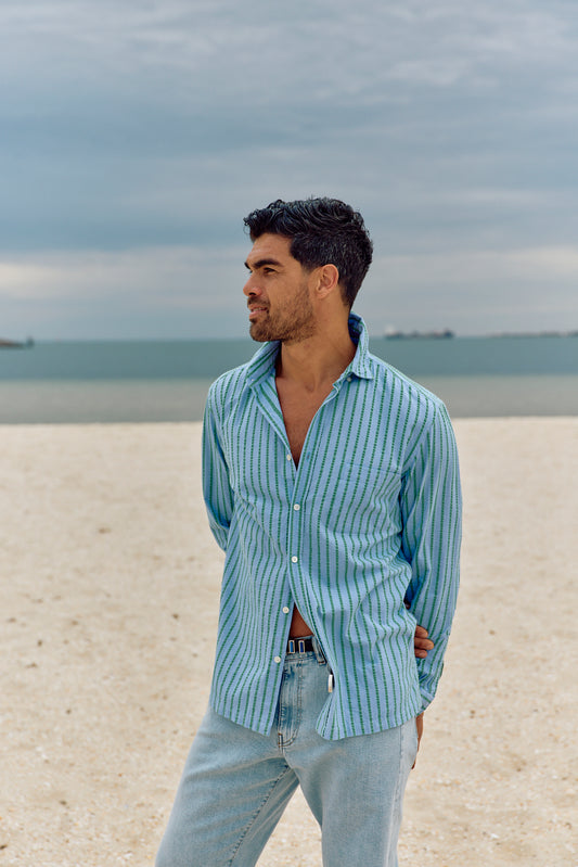 Long Sleeve Seersucker Shirt - Dusty Blue/Olive - Pre-Order