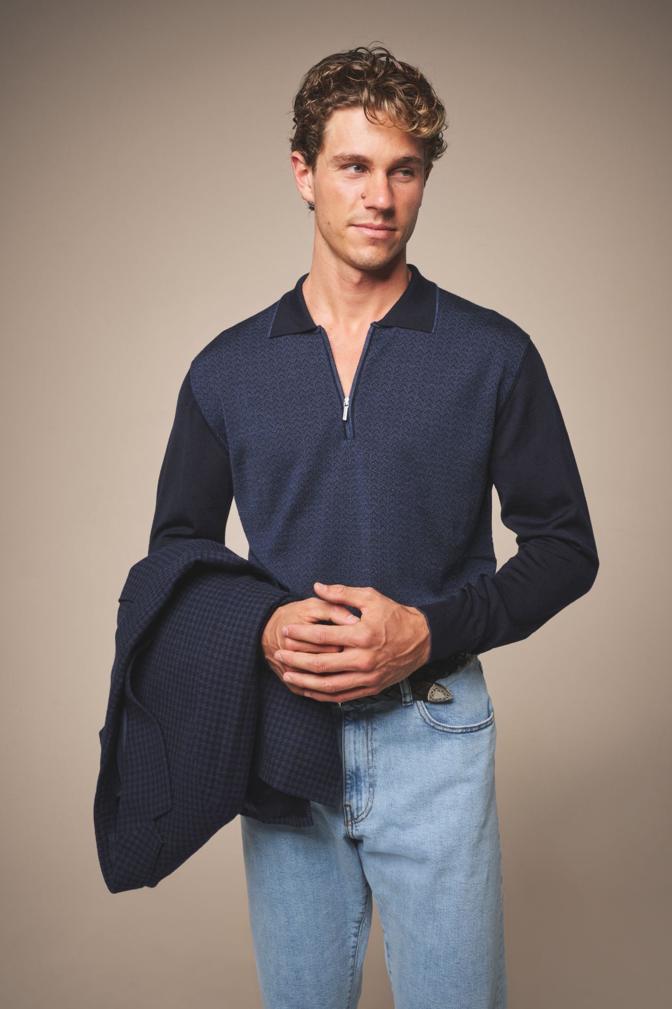 Chevron Quarter Zip Polo - Wool and Silk - Navy Blue