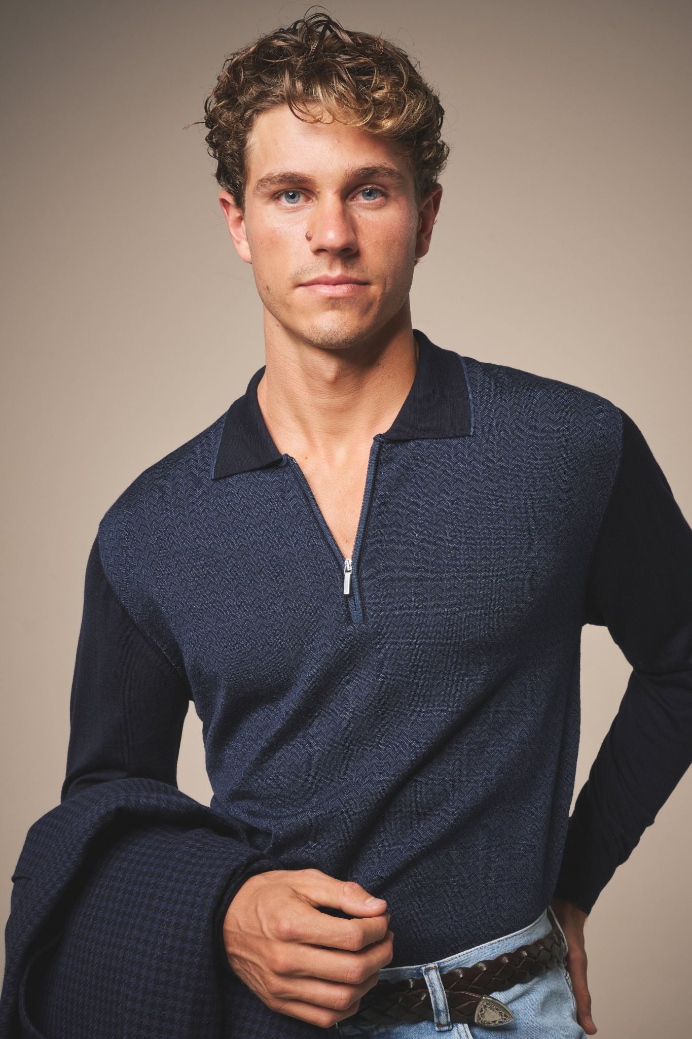 Chevron Quarter Zip Polo - Wool and Silk - Navy Blue