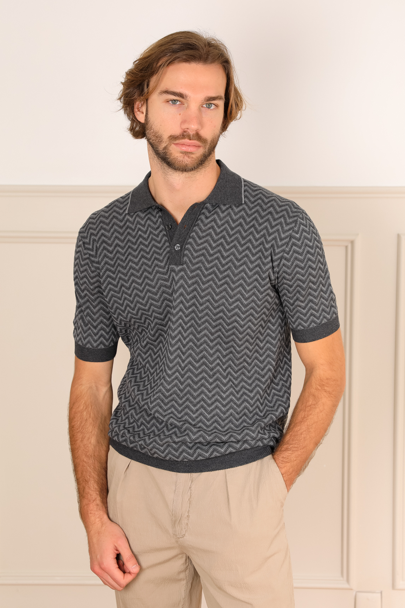 Chevron Knit Polo - Pepper