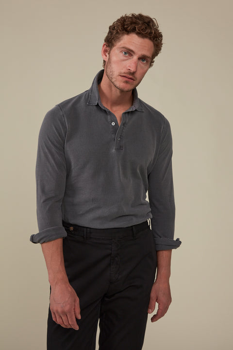 Hastings Long Sleeved Polo - Garment-Dyed Charcoal - Pre-Order for 30 March