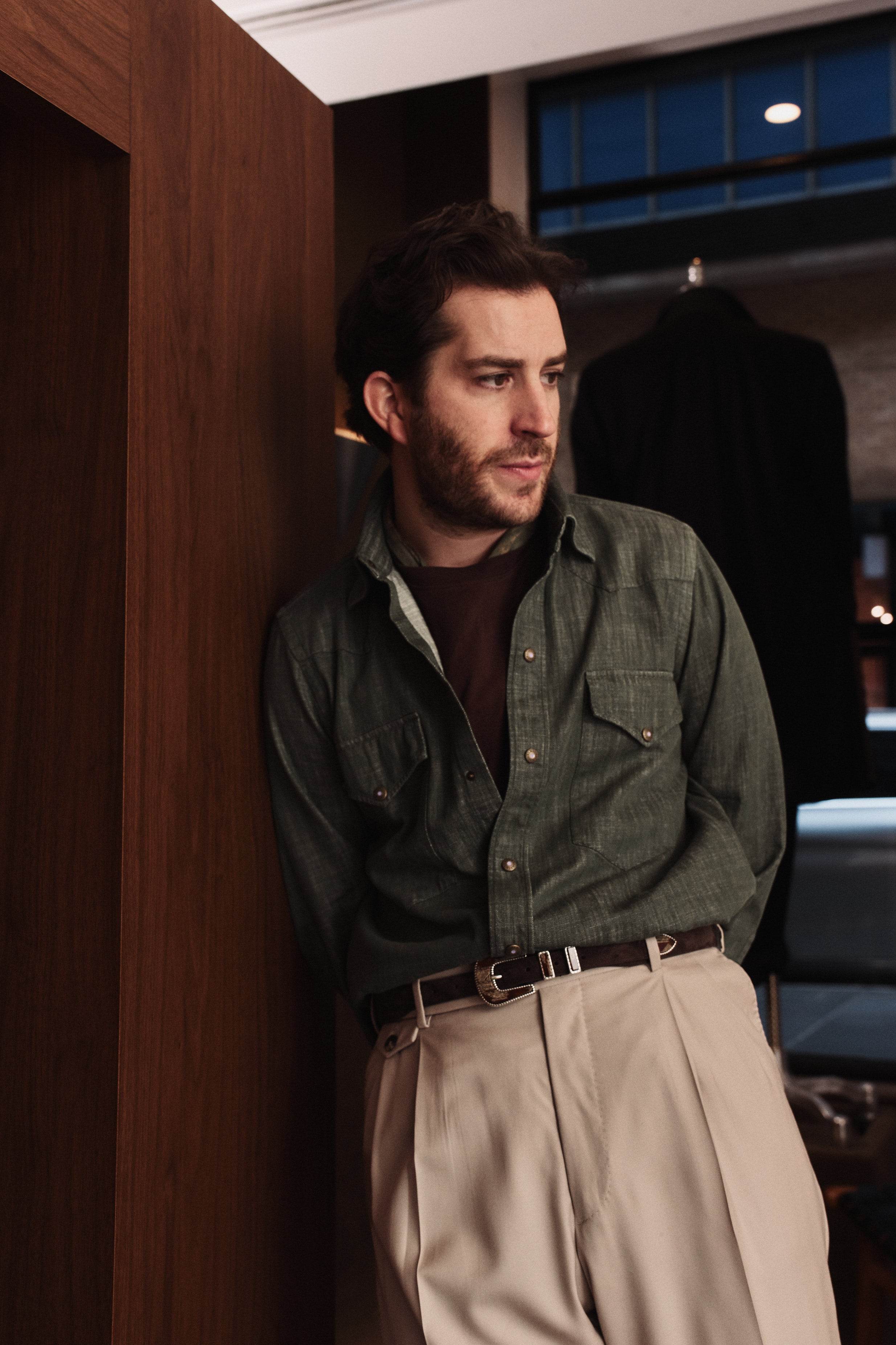 Naples Western Shirt - Italian Denim - Olive Green