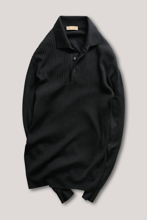 Daylesford Merino Long Sleeved Polo - Ribbed Black