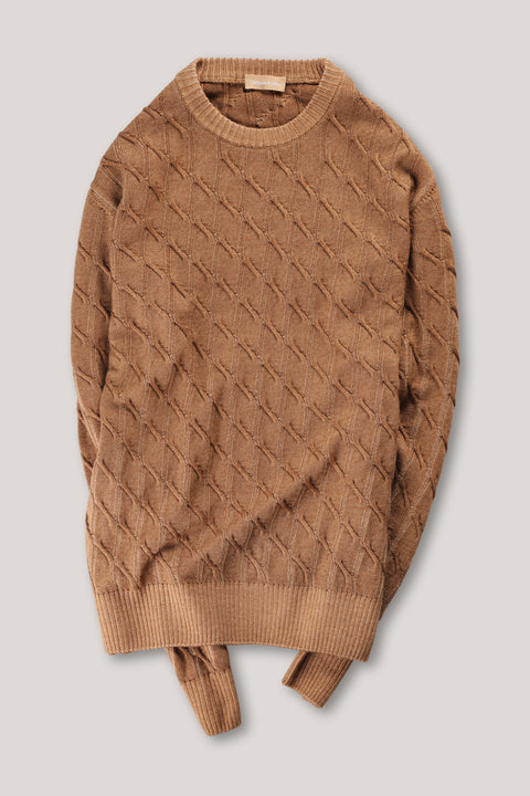 Diamond Cable Crew Knit - Biscuit Brown Cable Vintage Wash