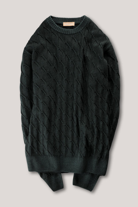Diamond Cable Crew Knit - Emerald Green Cable Vintage Wash