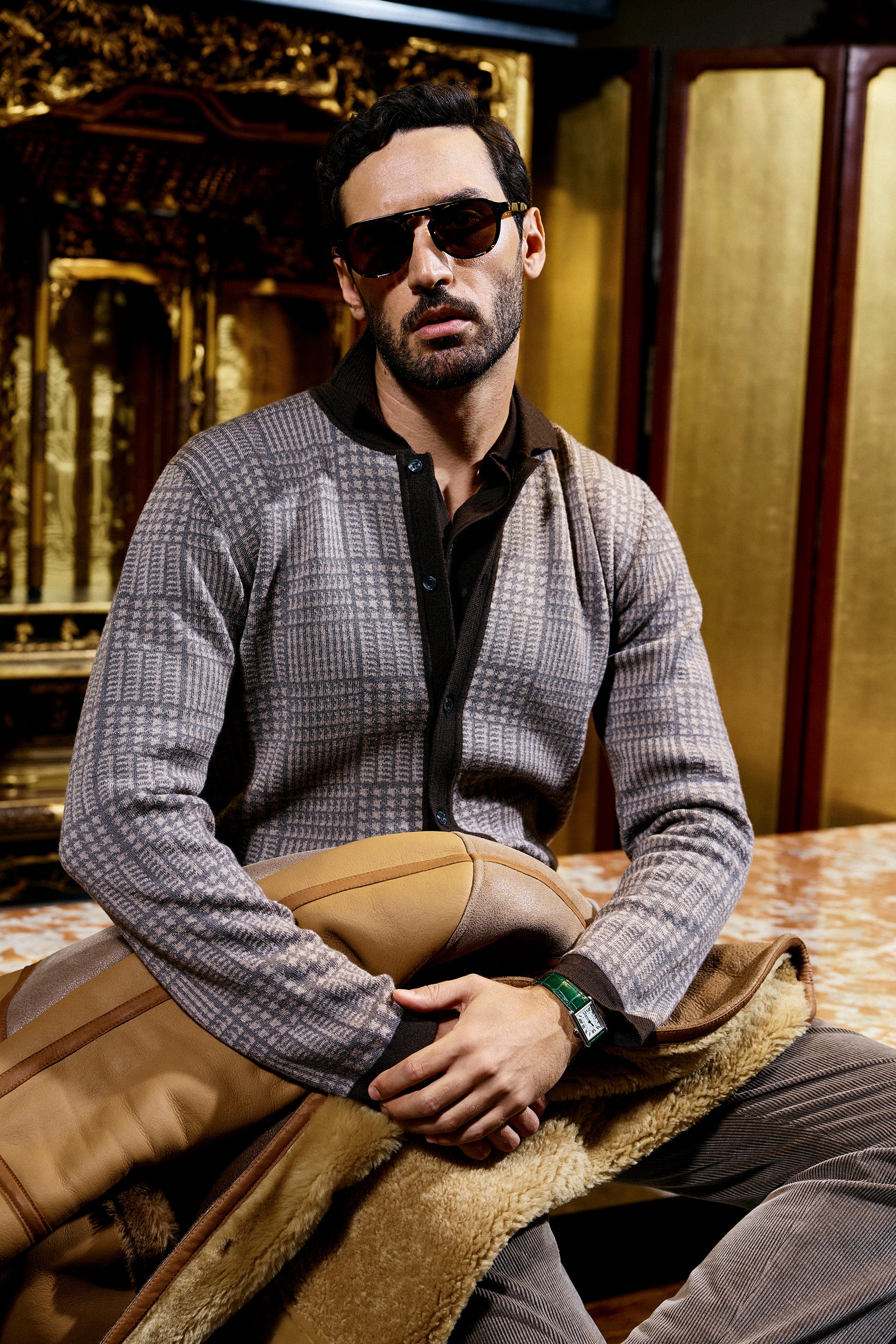 Prince of Wales Polo Cardigan - Chocolate
