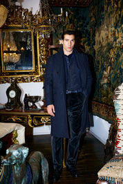 Kyneton Double-Breasted Italian Wool/Cashmere Overcoat - Navy Herringbone