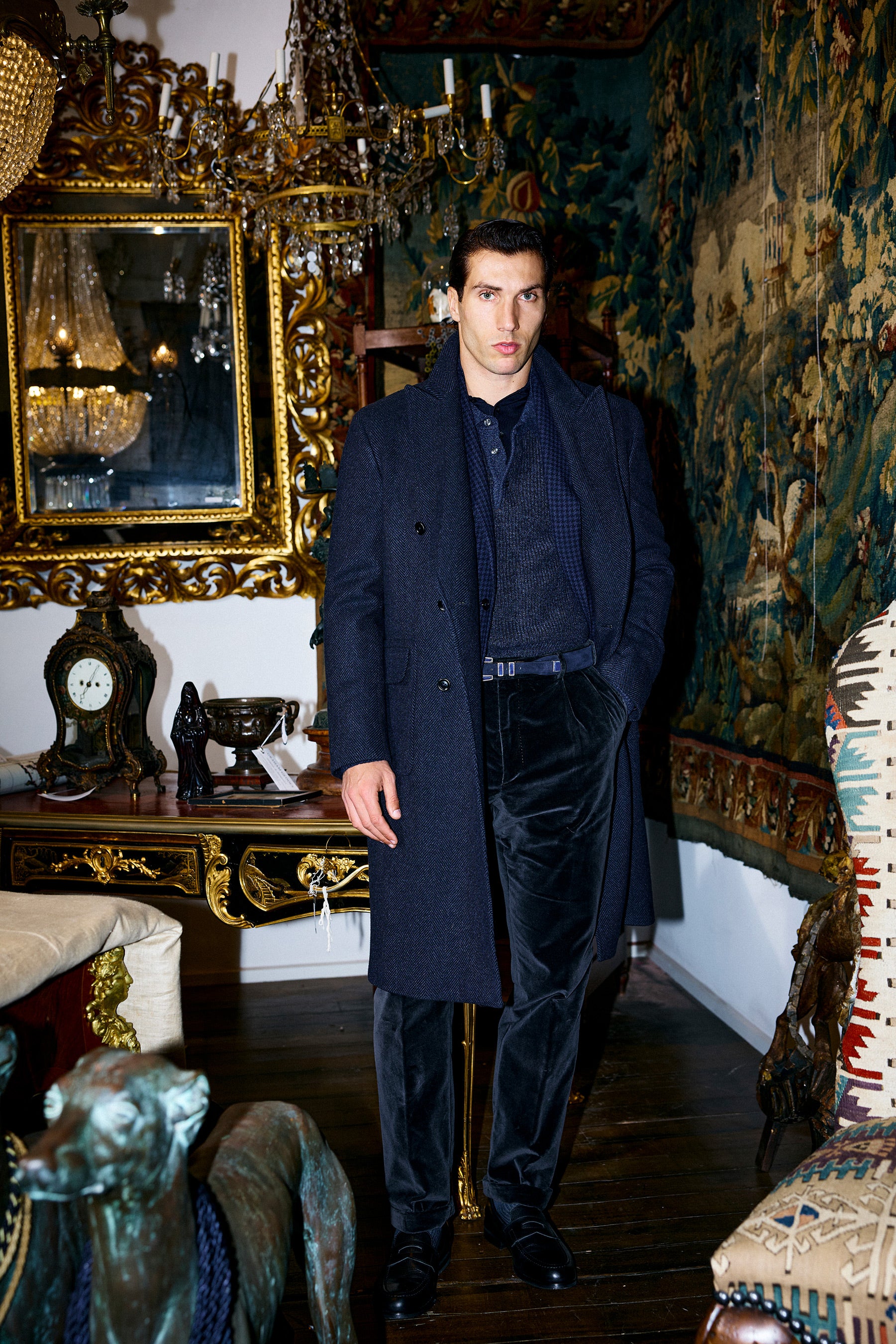 Kyneton Double-Breasted Italian Wool/Cashmere Overcoat - Navy Herringbone