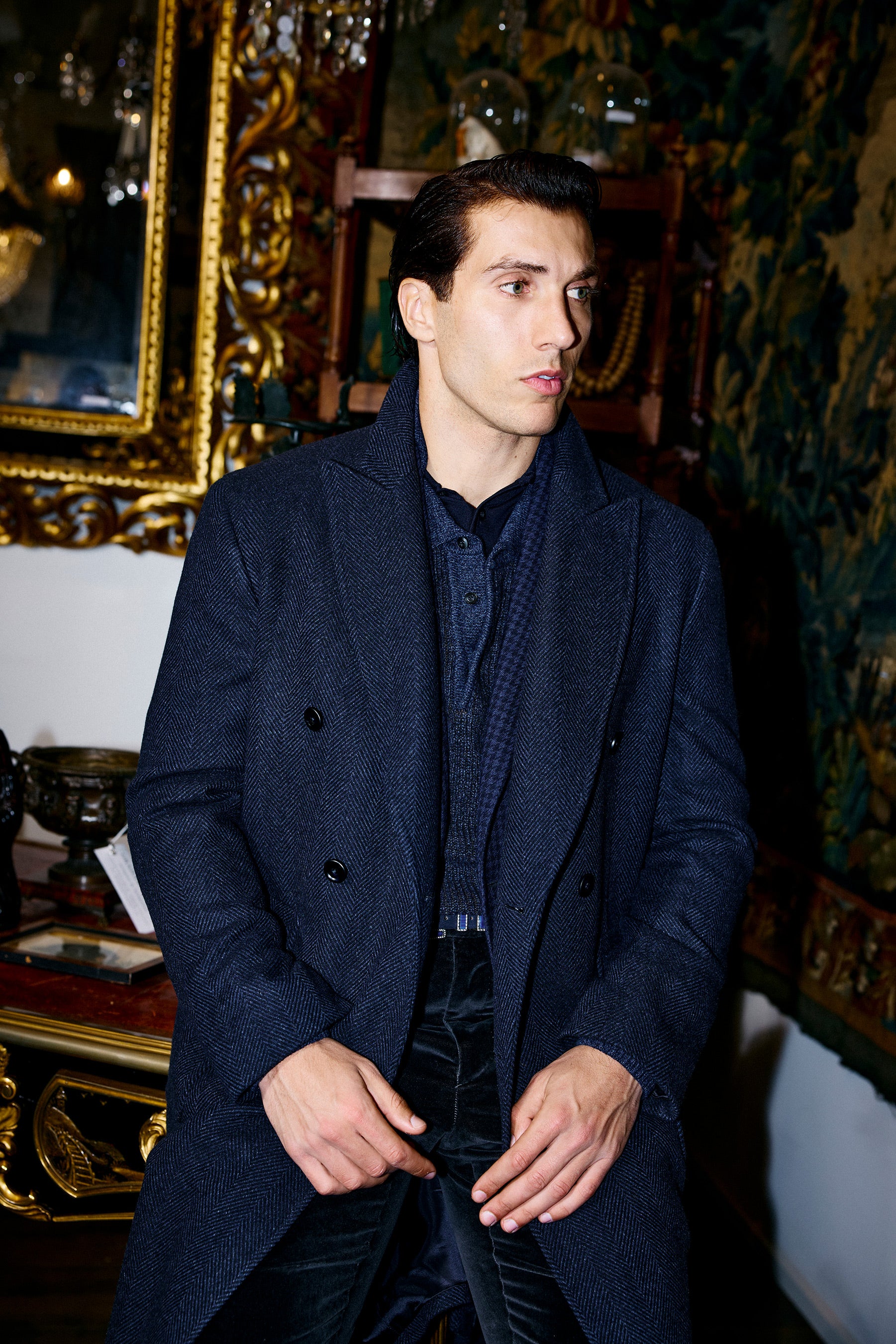 Kyneton Double-Breasted Italian Wool/Cashmere Overcoat - Navy Herringbone