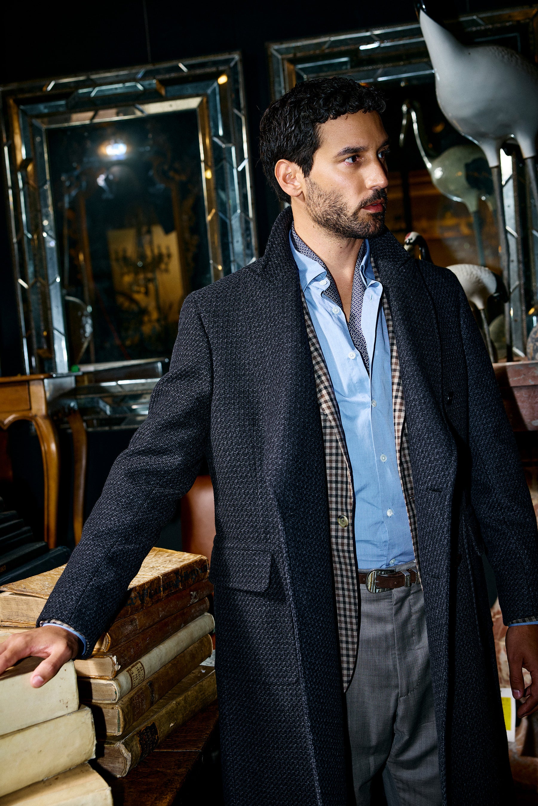 Kyneton Double-Breasted Italian Wool/Cashmere Overcoat - Charcoal Herringbone