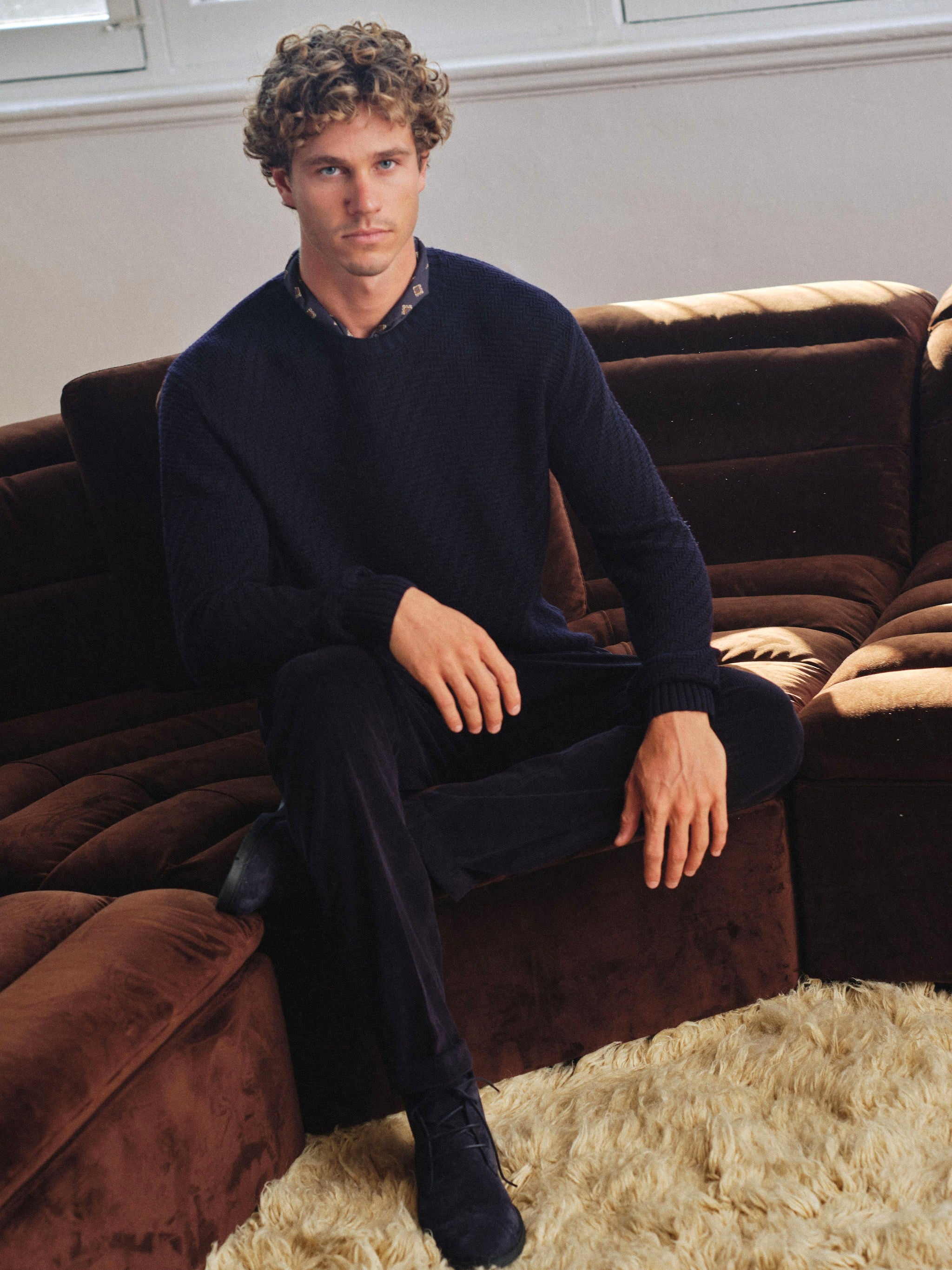 Basketweave Crew Neck Sweater - Wool - Deep Navy Blue