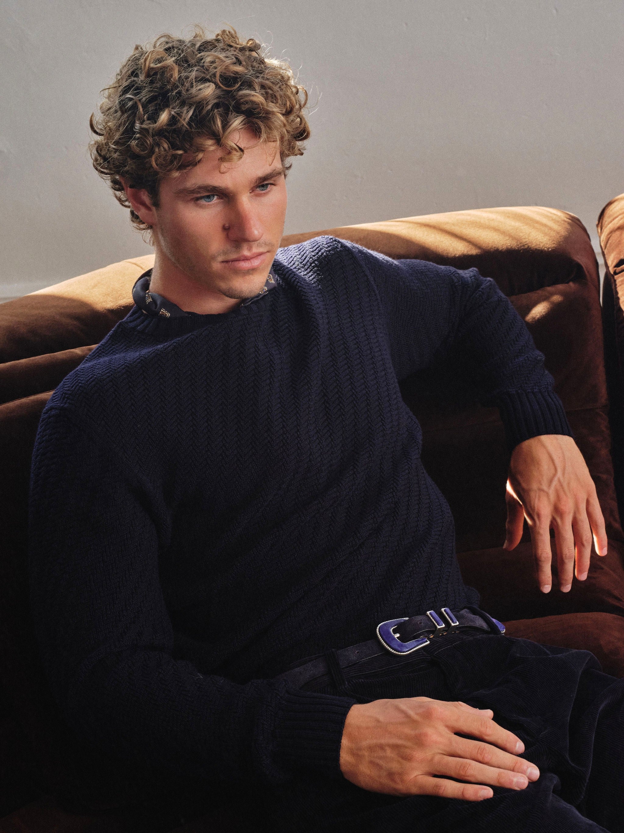 Basketweave Crew Neck Sweater - Wool - Deep Navy Blue